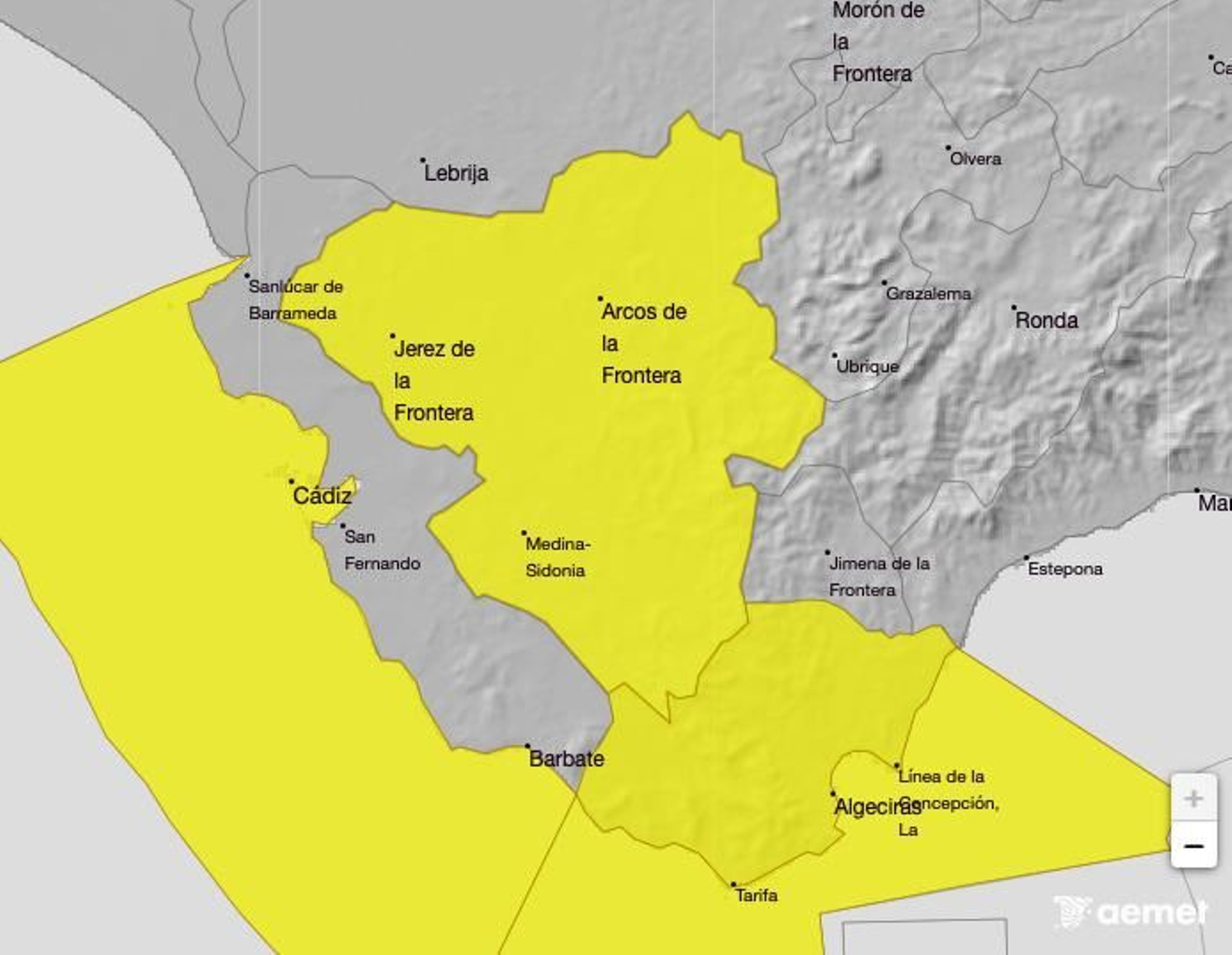 El mapa de avisos amarillos en la provincia de Cádiz de la Aemet.