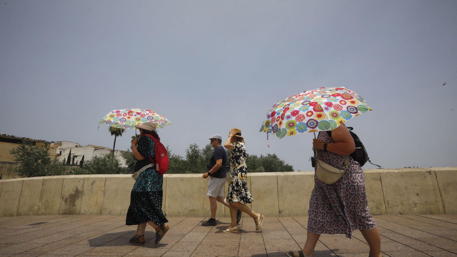 Turistas se protegen del sol bajo paraguas a su paso por el Puente Romano.