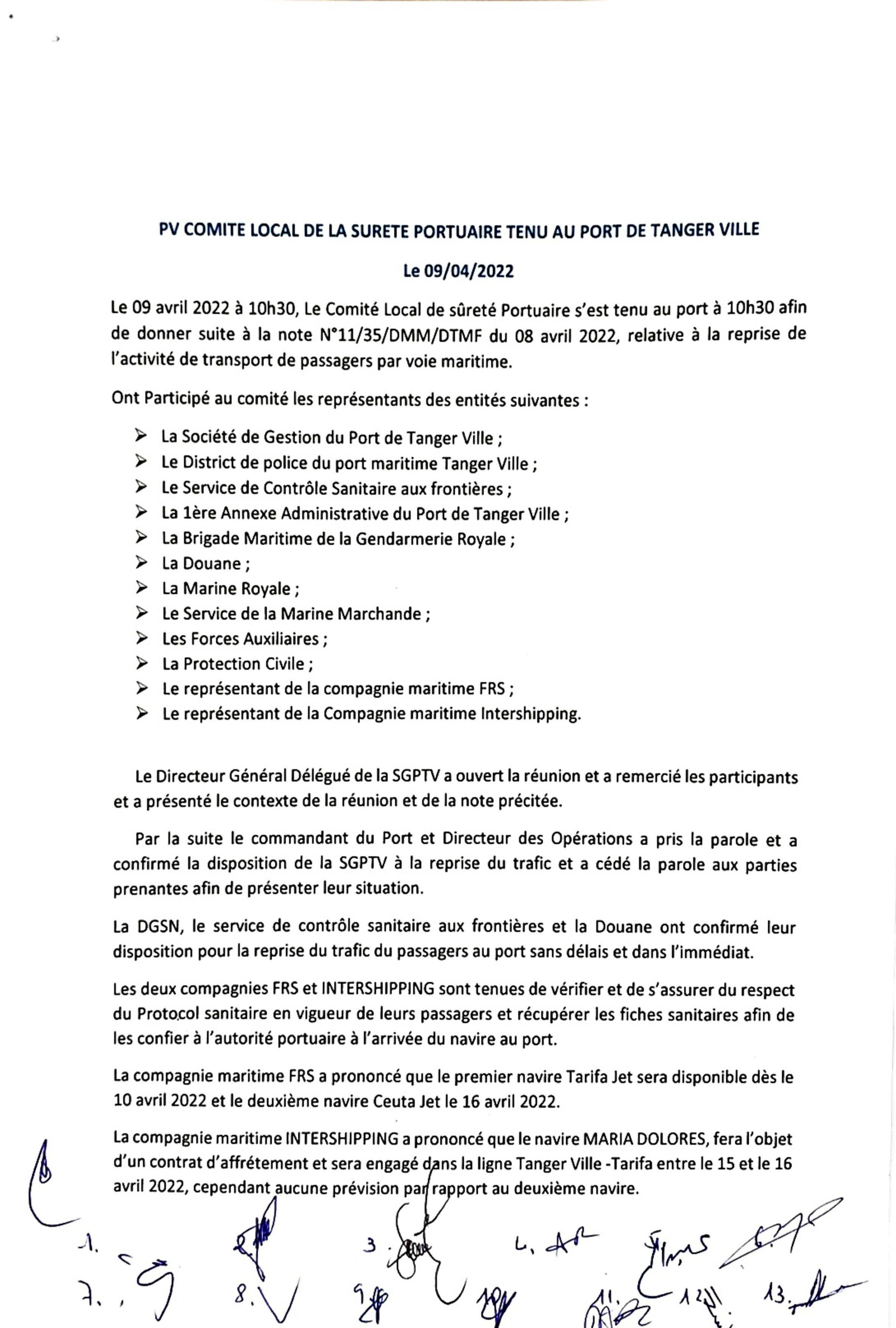 El documento de la reunión celebrada por el comité del Puerto de Tánger ciudad.