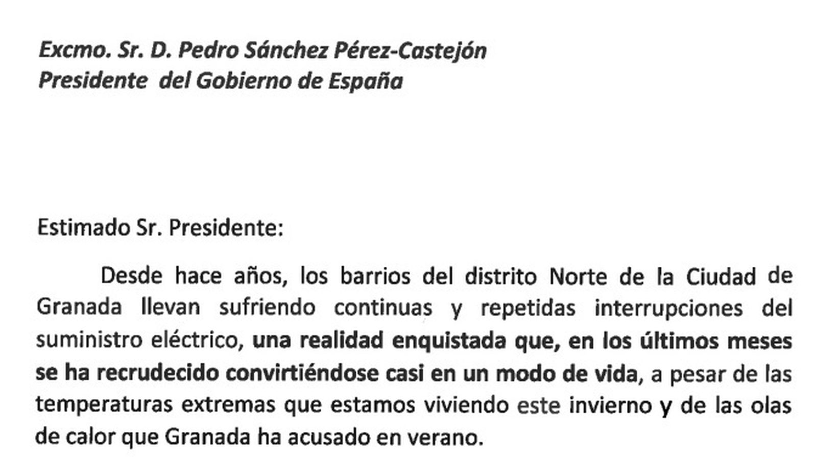 Carta del Defensor de Granada a Pedro Sánchez sobre los cortes de luz
