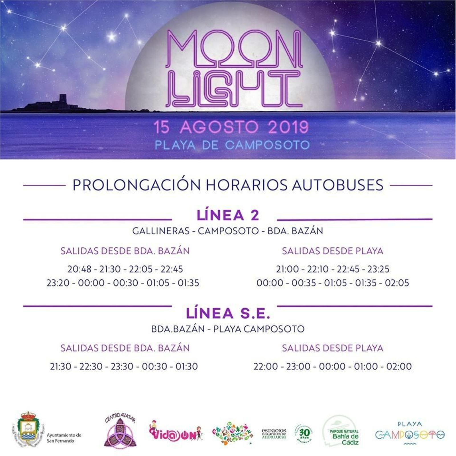 Horarios de autobuses para la fiesta Moonlight que se celebra en la playa de Camposoto.