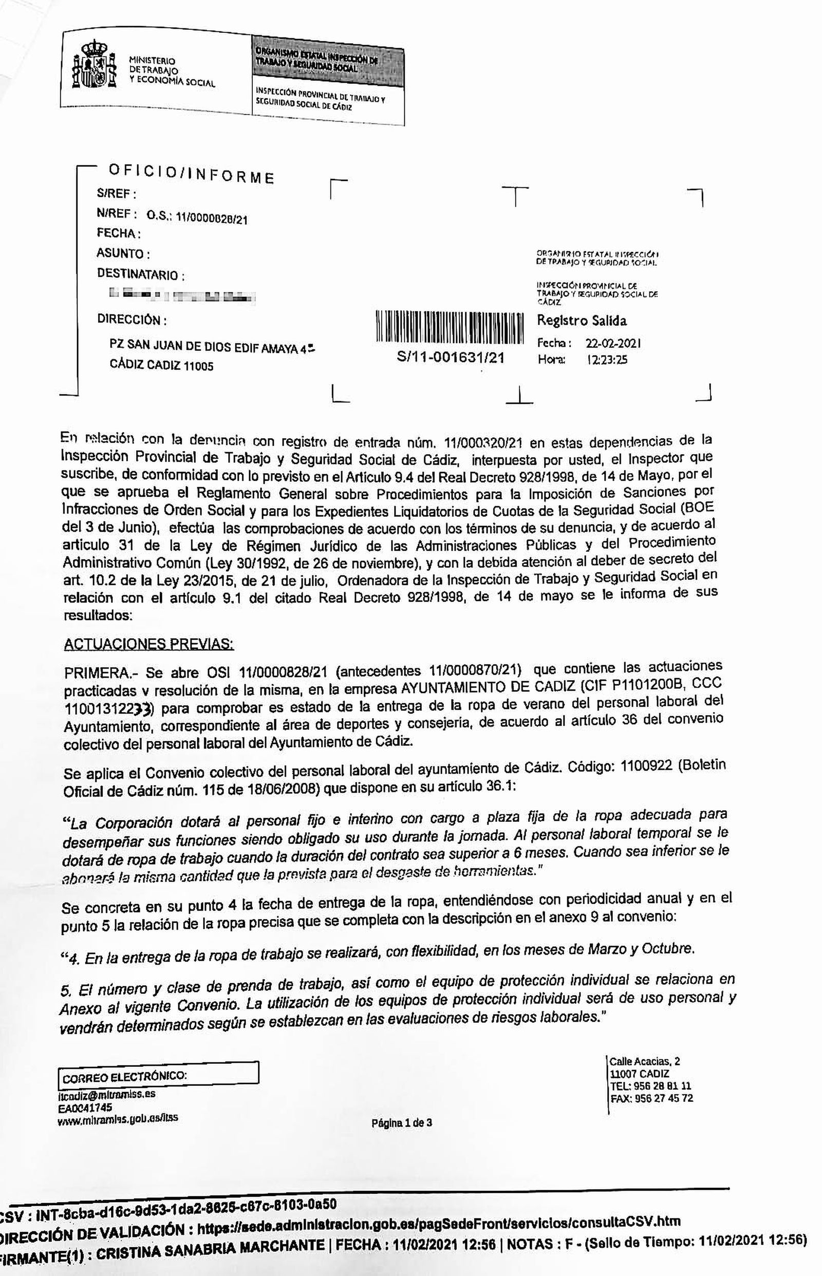 Respuesta de la Inspección de Trabajo en la que comunica que abre expediente sancionador al Ayuntamiento.