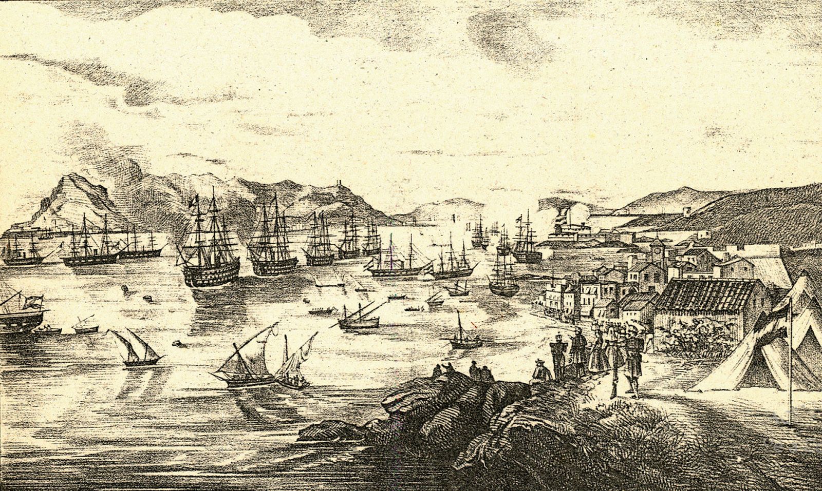 Litografía de la ciudad y el puerto de Algeciras realizada en 1859. (Representa el embarque de tropas para la Guerra de Marruecos. Litografía Hispana, C/ Asalto, nº 8, Madrid).