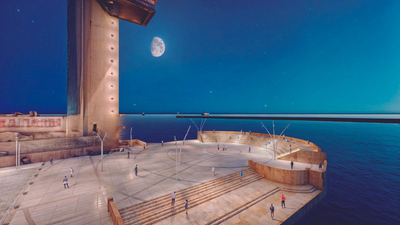 Vista nocturna del final del muelle con la Torre de Control  y escalinatas.