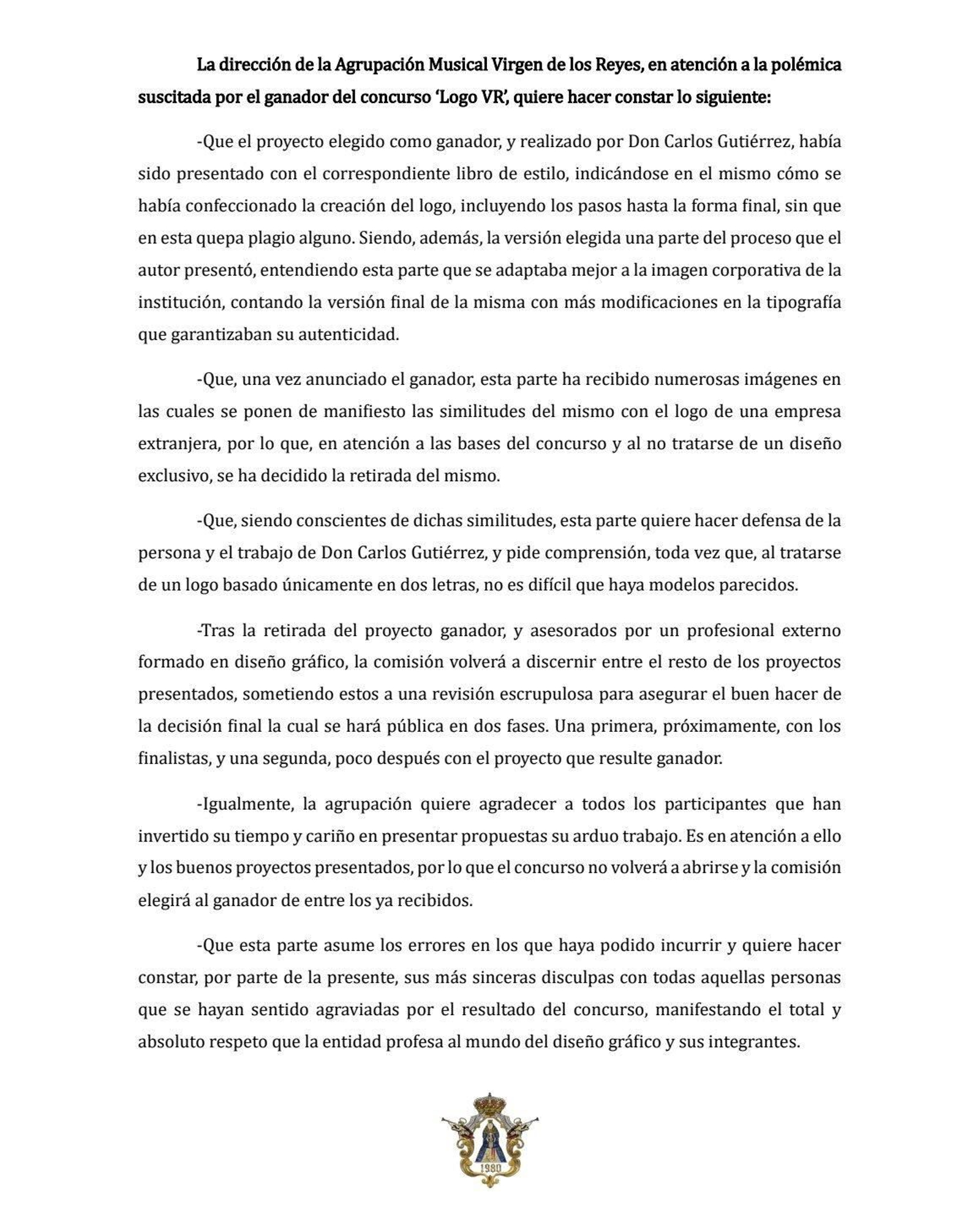 Comunicado íntegro de la Agrupación Musical