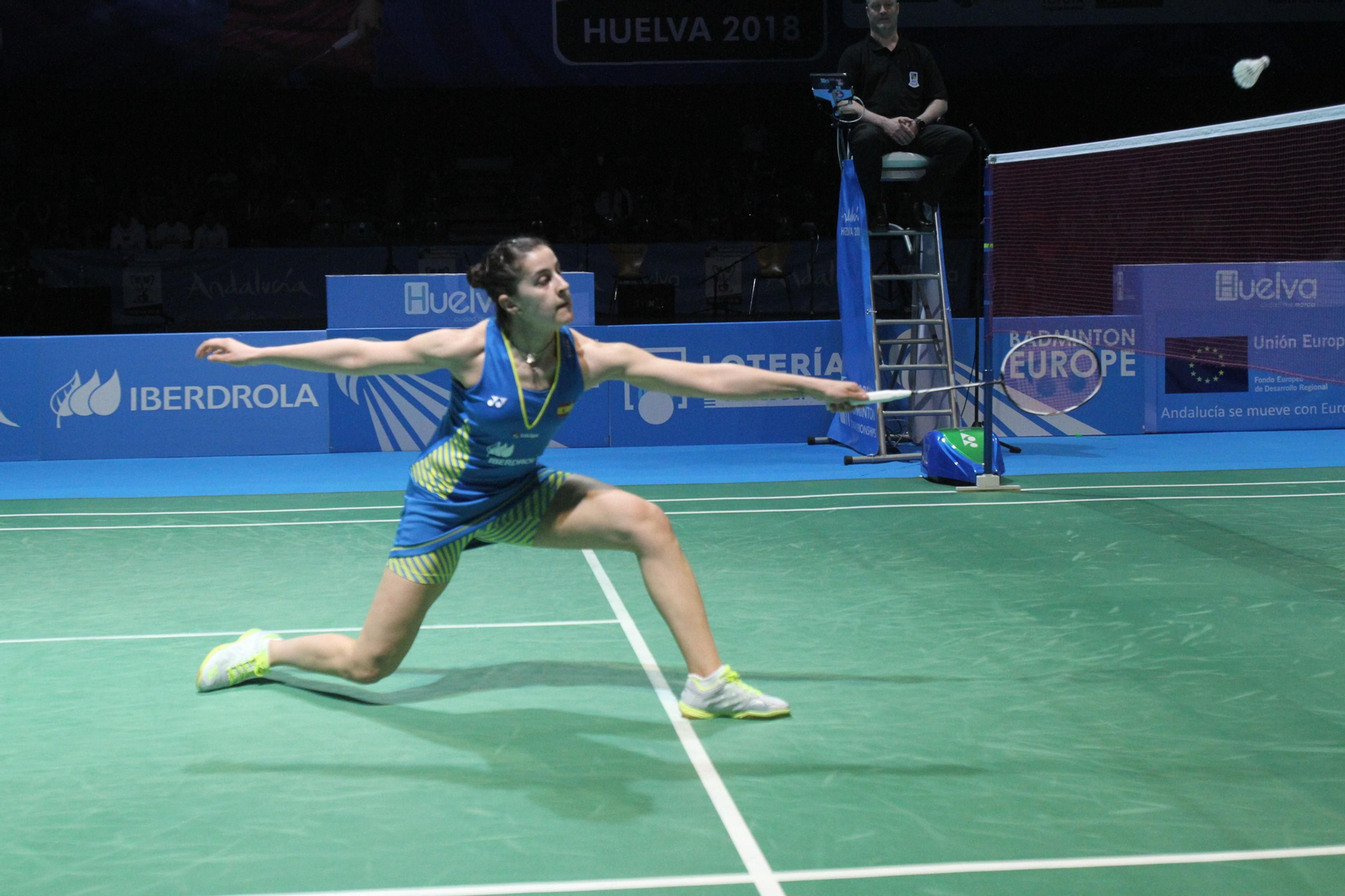 Partido y victoria de Carolina Marín en el Europeo de Bádminton celebrado en Huelva