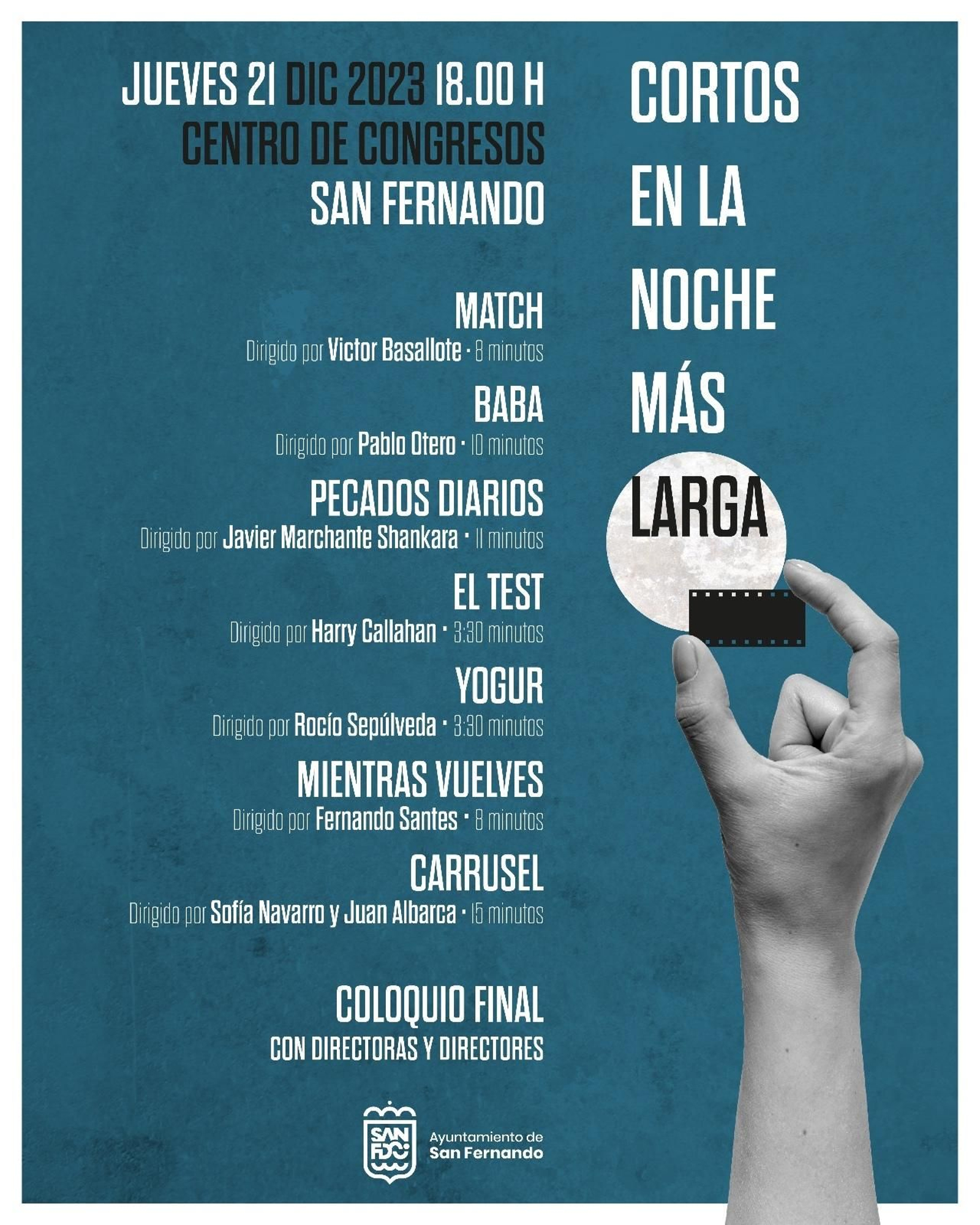 Cartel con el listado de trabajos que se exhibirán en Cortos en la noche más larga.