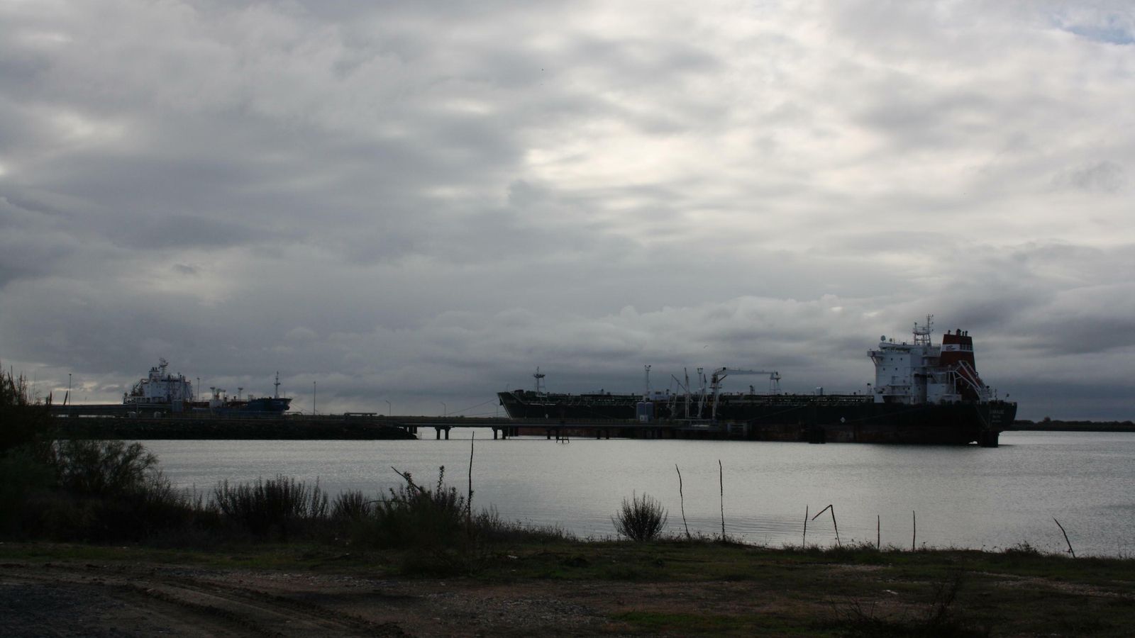 Buques atracados en el pantalán de Enagás en el Puerto de Huelva.