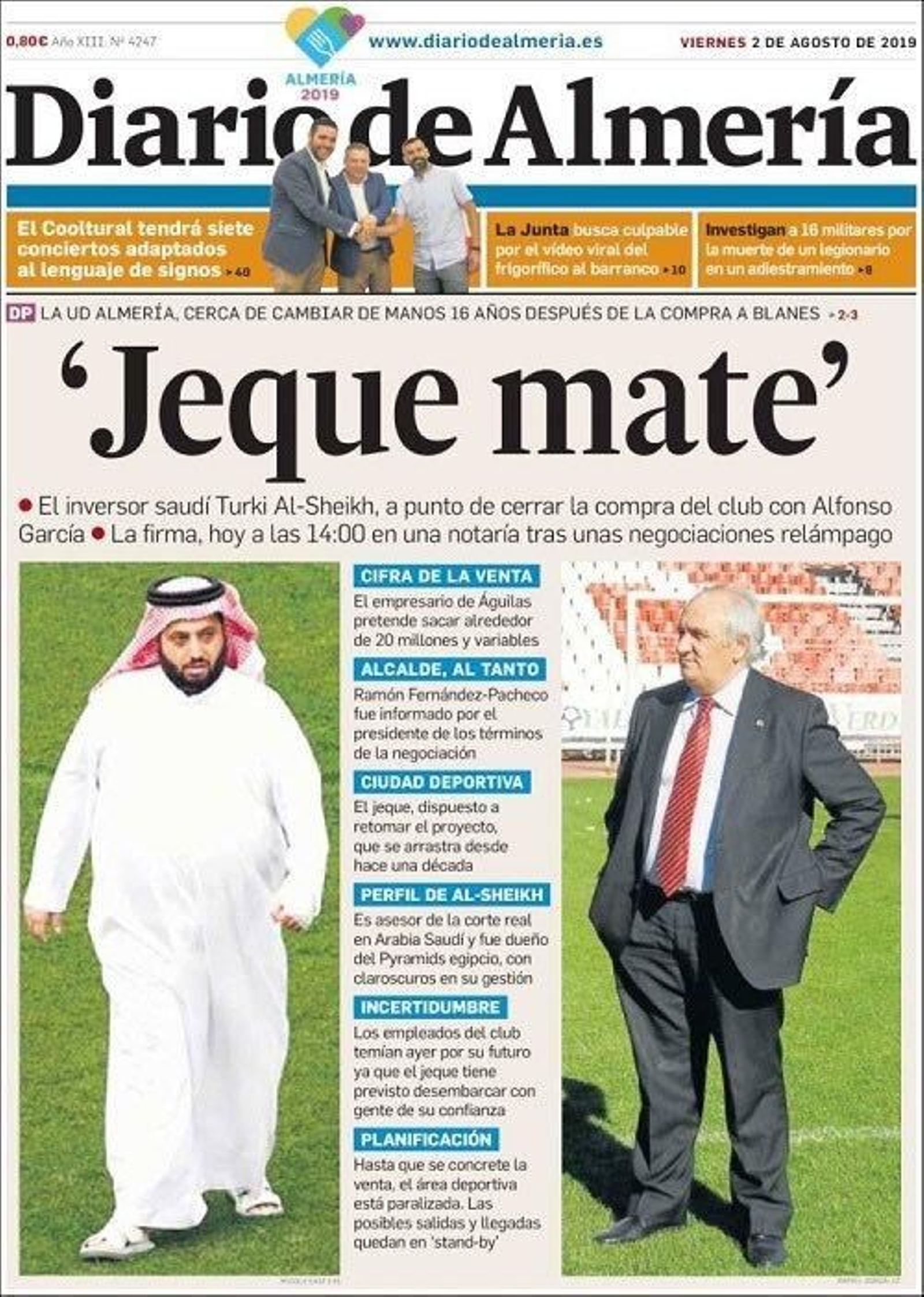 Esta fue la portada de Diario de Almería del 2 de agosto de 2019