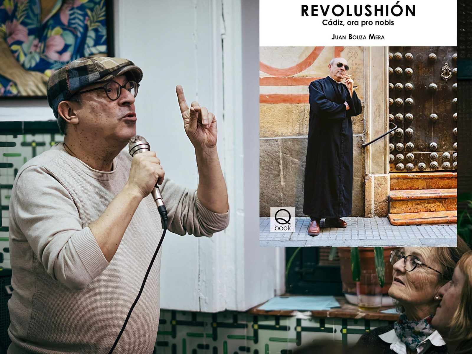 Juan Bouza, en la presentación del libro y junto a una portada de la obra.