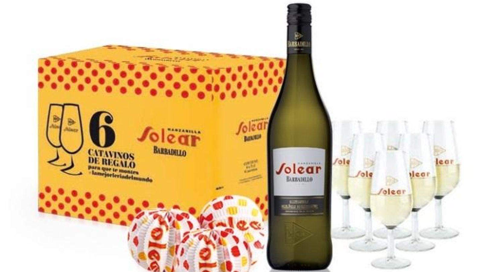 El kit del feriante con farolillos, catavinos y Manzanilla Solear