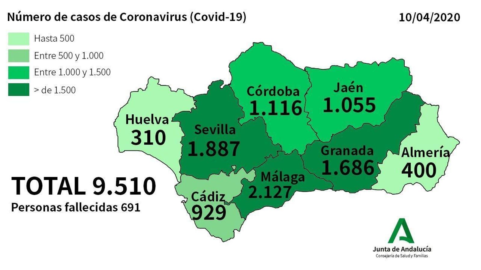 Mapa de casos de coronavirus a 10 de abril.
