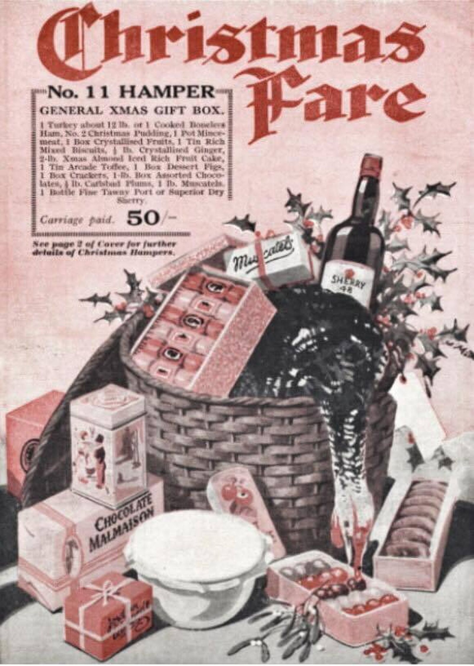 Una cesta navideña con una botella de sherry.