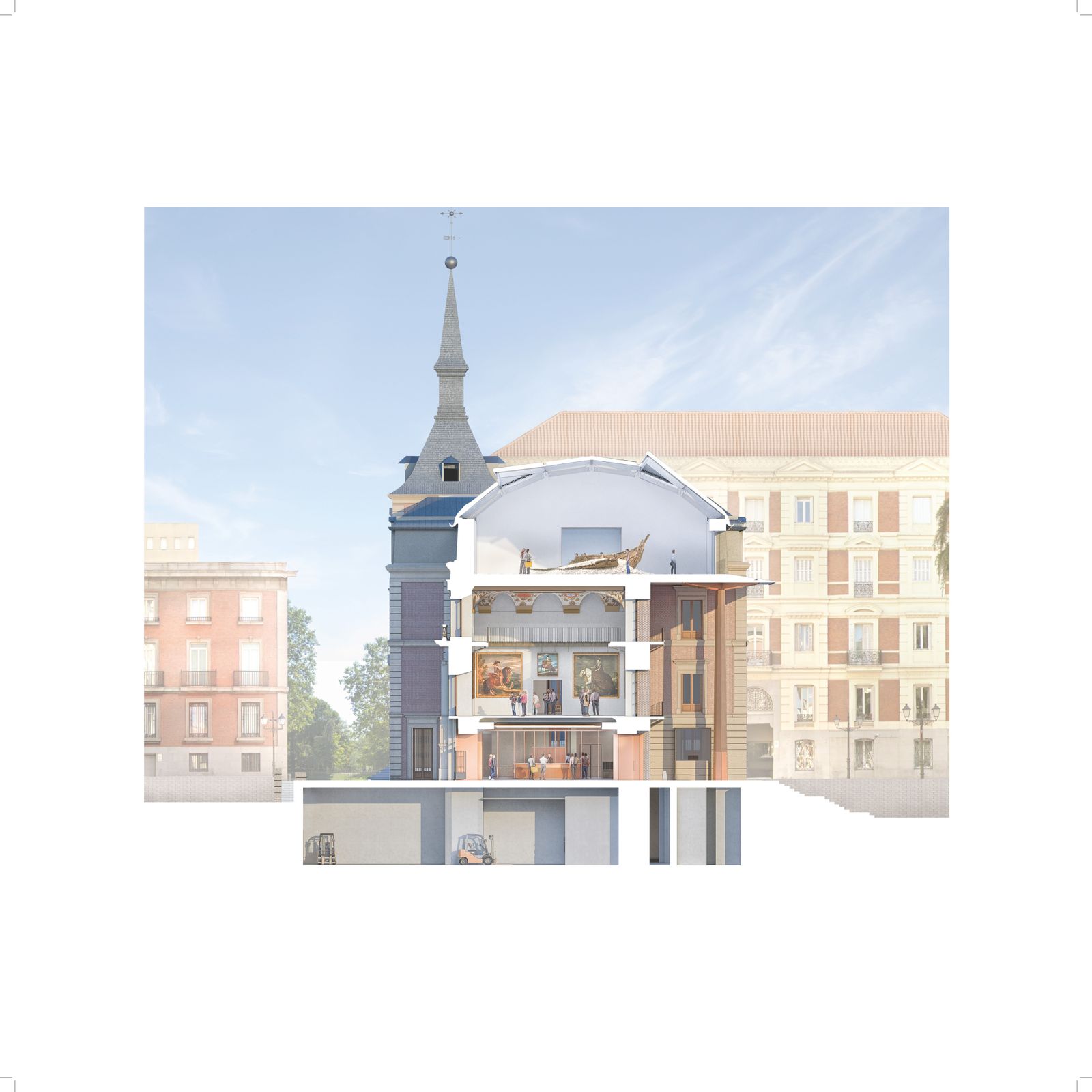 Proyecto de ejecución de rehabilitación y adecuación museística del Salón de Reinos Sección transversal U.T.E. Foster & Partners + Rubio Arquitectura.