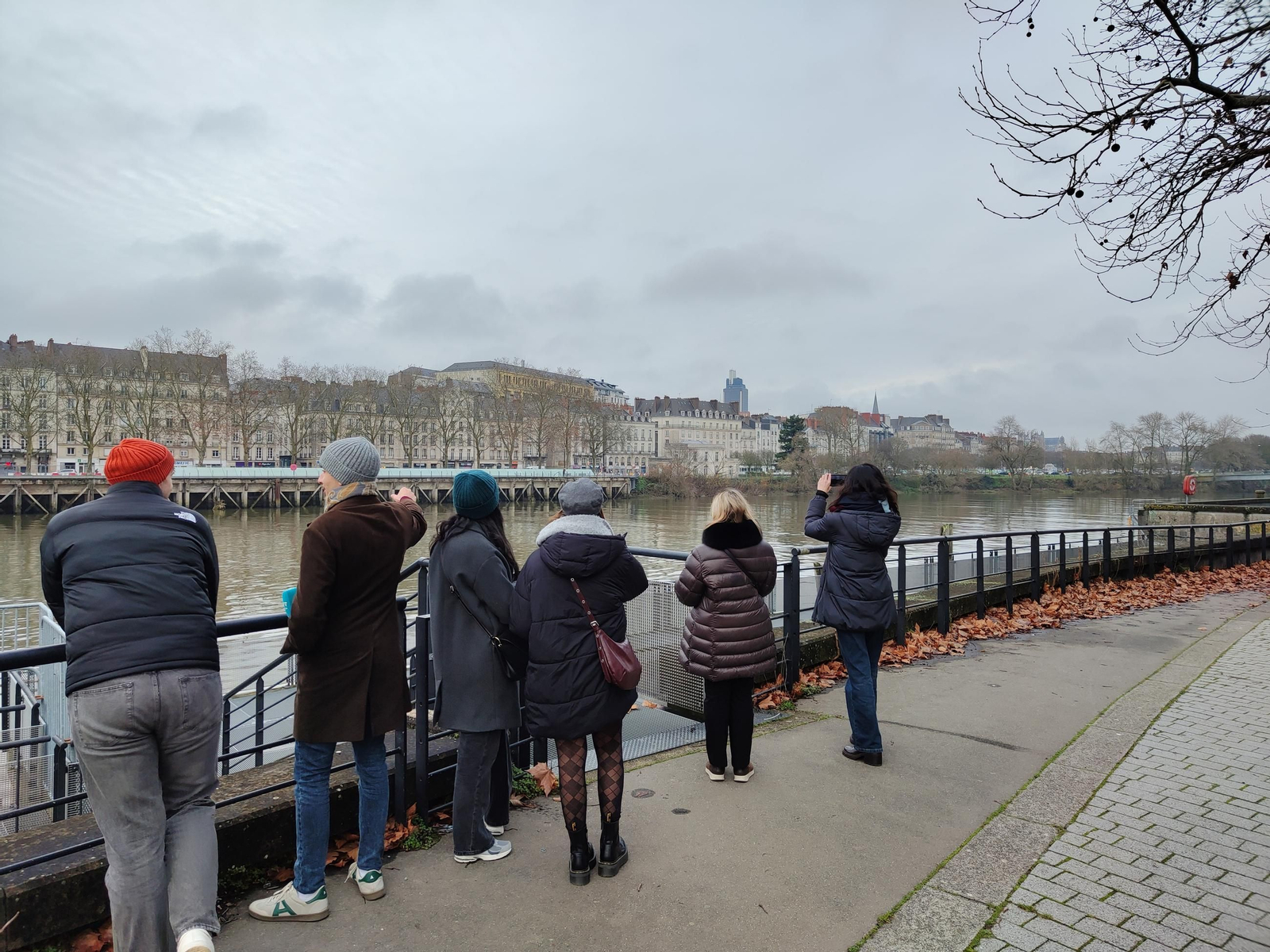 Un grupo de turistas observando el centro de Nantes desde la orilla del río Loira
