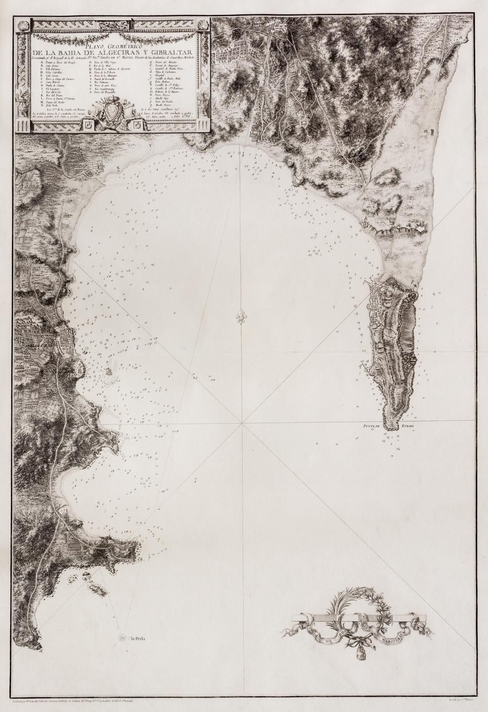 Carta náutica en gran formato estampada en grabado calcográfico que comprende la Bahía de Algeciras, su población y Gibraltar (1786). Es uno de los fructíferos resultados de los trabajos dirigidos por Vicente Tofiño. Carta náutica en gran formato estampada en grabado calcográfico que comprende la Bahía de Algeciras, su población y Gibraltar (1786). Es uno de los fructíferos resultados de los trabajos dirigidos por Vicente Tofiño.