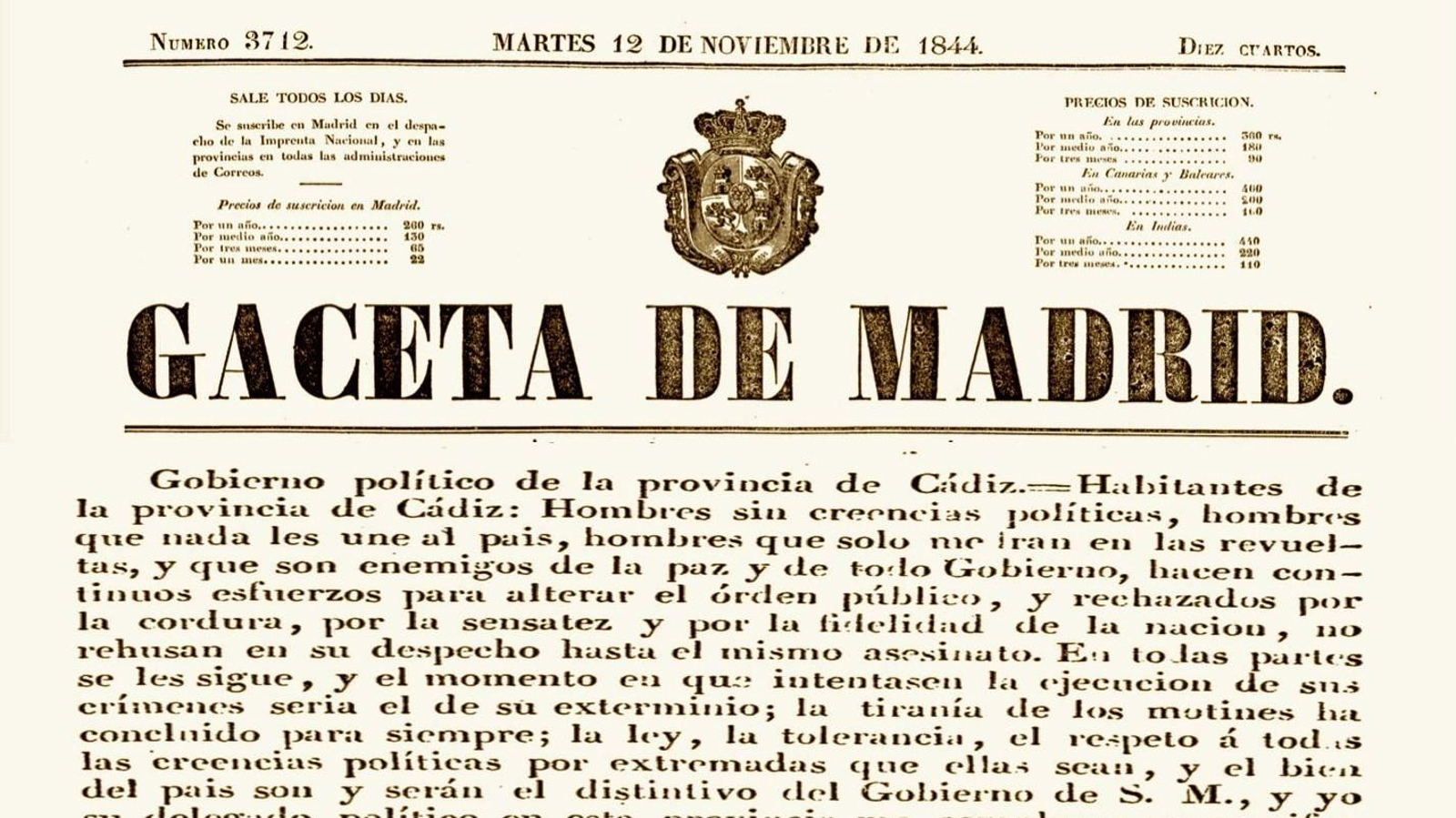 'Gaceta de Madrid' del 12 de noviembre de 1844 reproduciendo un comunicado del jefe superior político de Cádiz, dictado una semana antes. 'Gaceta de Madrid' del 12 de noviembre de 1844 reproduciendo un comunicado del jefe superior político de Cádiz, dictado una semana antes.