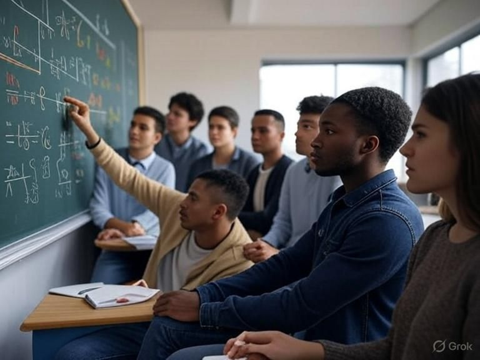 Alumnos tratan de resolver un problema en la pizarra