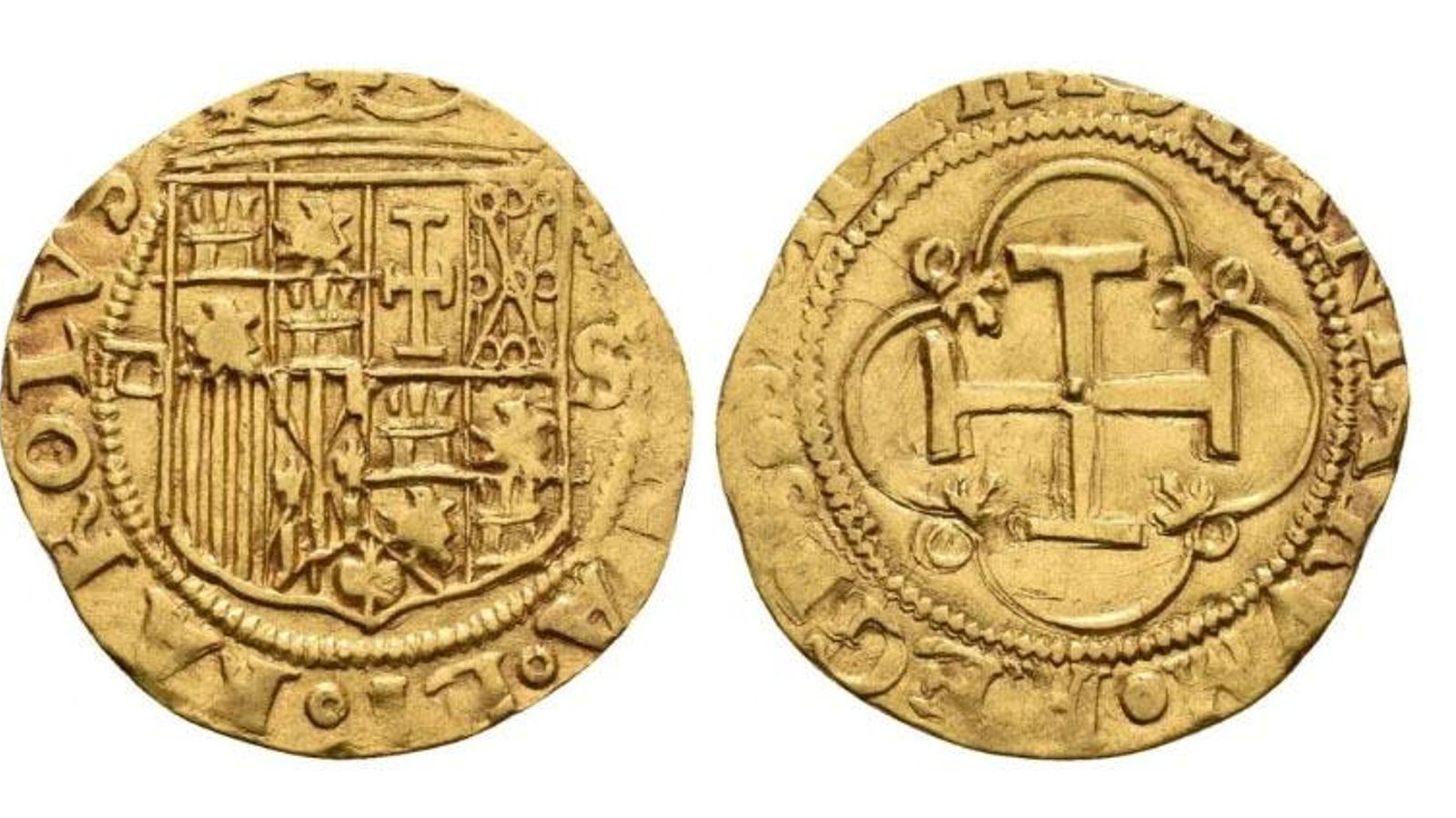 Escudo de los reyes católicos dedicado a su hija y nieto, con el escudo de Jerusalén el en reverso