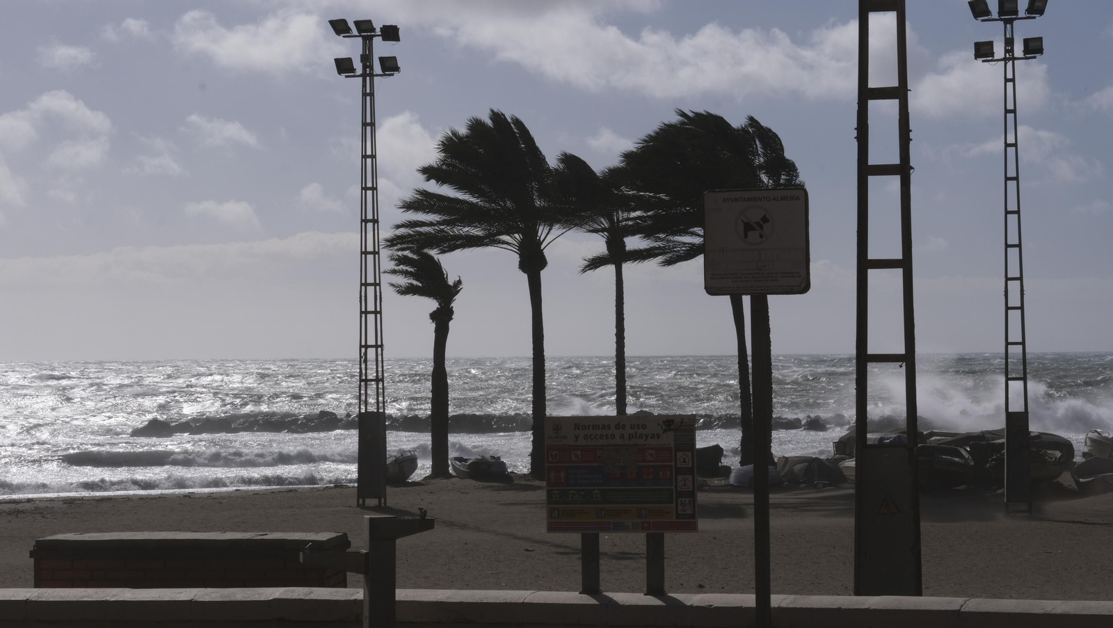 Temporal de viento y flota pesquera amarrada, en Almería