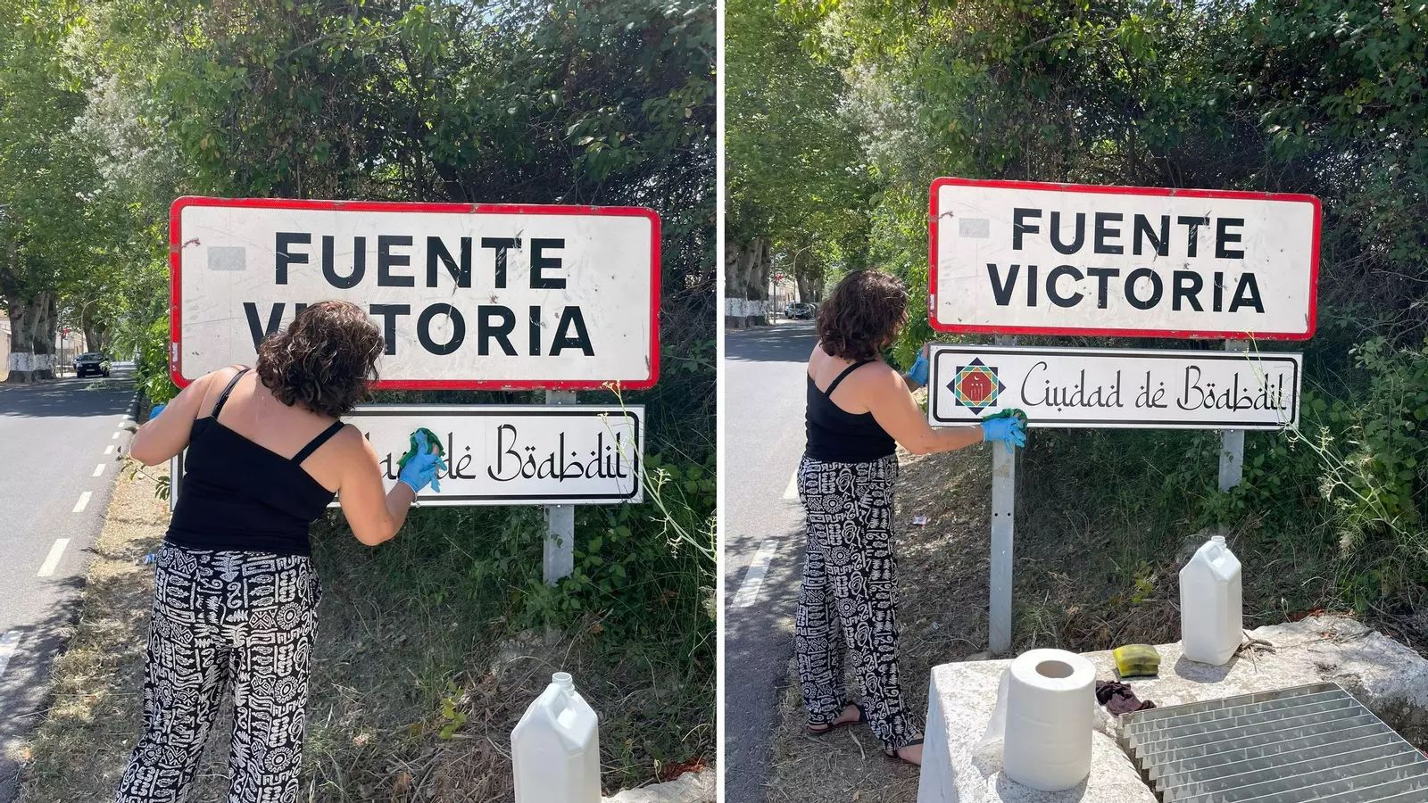 La alcaldesa se encargó de limpiar las señales vandalizadas.