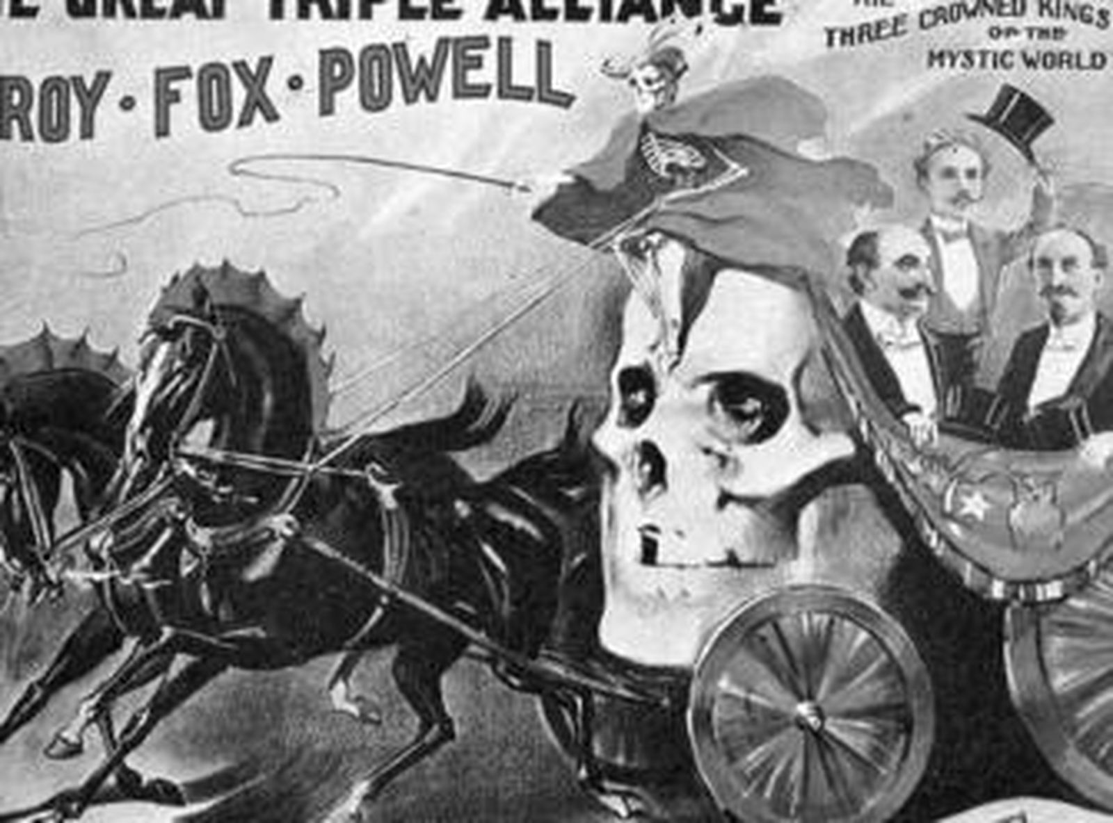 Cartel que representa la relación entre los caballos y la muerte.