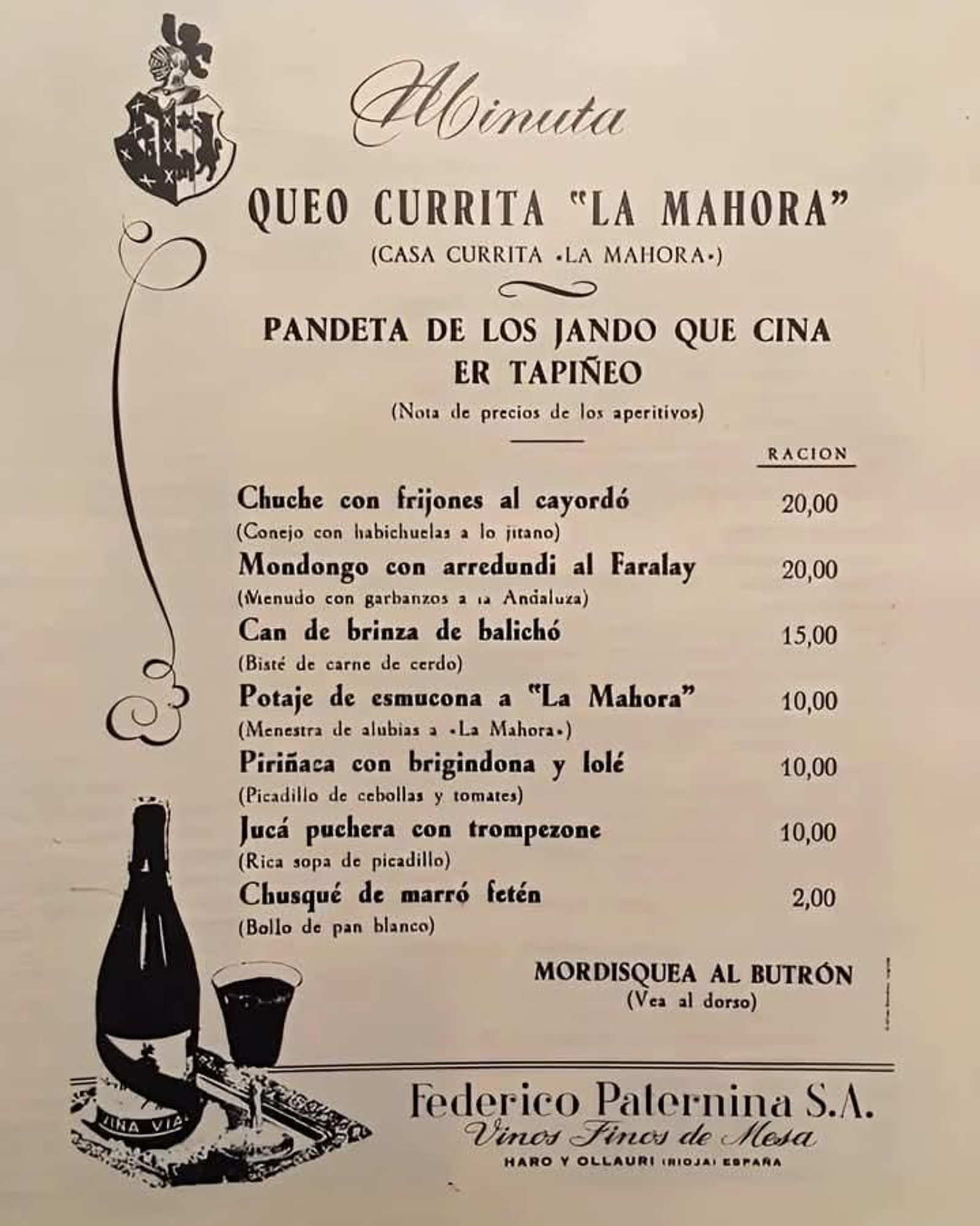 Minuta en idioma caló de la caseta de Feria Currita 'La Mahora', años ‘50.