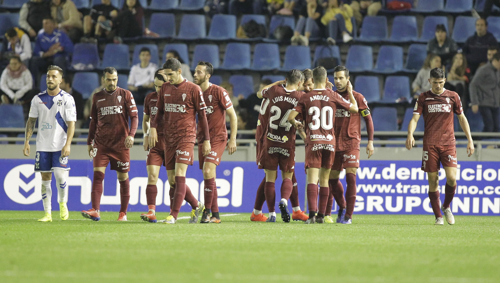 Los jugadores del Córdoba celebran su primer gol en el Heliodoro ante el Tenerife.