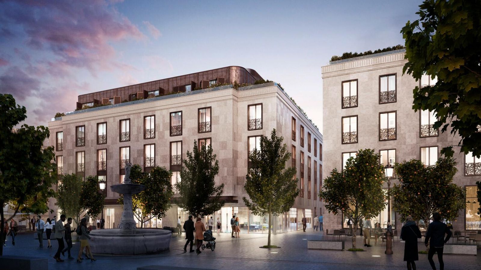 Otra recreación nocturna de la nueva plaza, con los dos edificios del hotel iluminados.