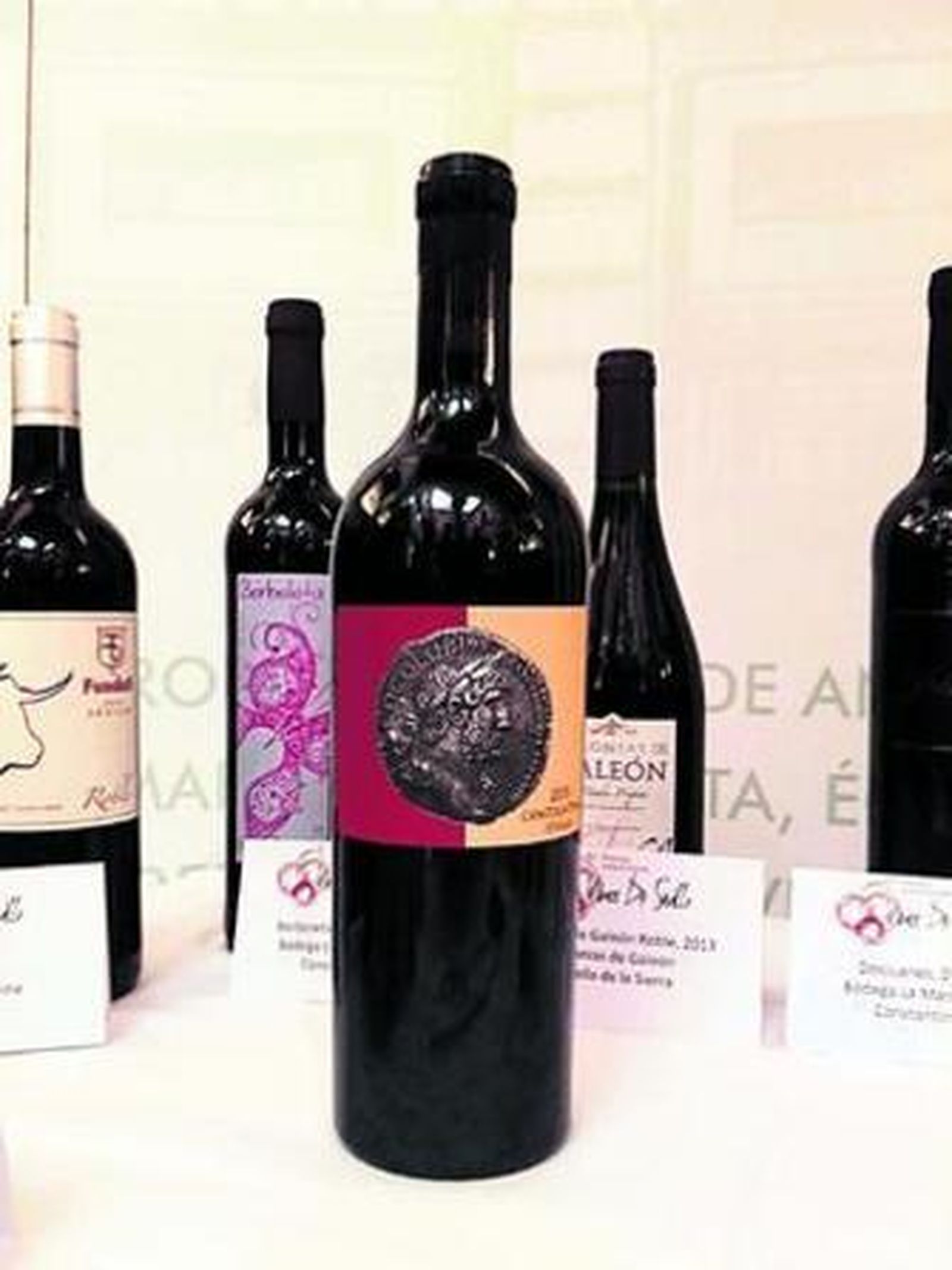 1. Miguel Rus, Julián Navarro, José Antonio Acosta, Pedro Cano, María del Carmen Arjona, Raúl Fernández y Fernando Rodríguez Villalobos, durante el acto. 2. Cocolubis, alude a la primera vid de Constantina que llegó a Roma. 3. Una botella de Mirlo Blanco.