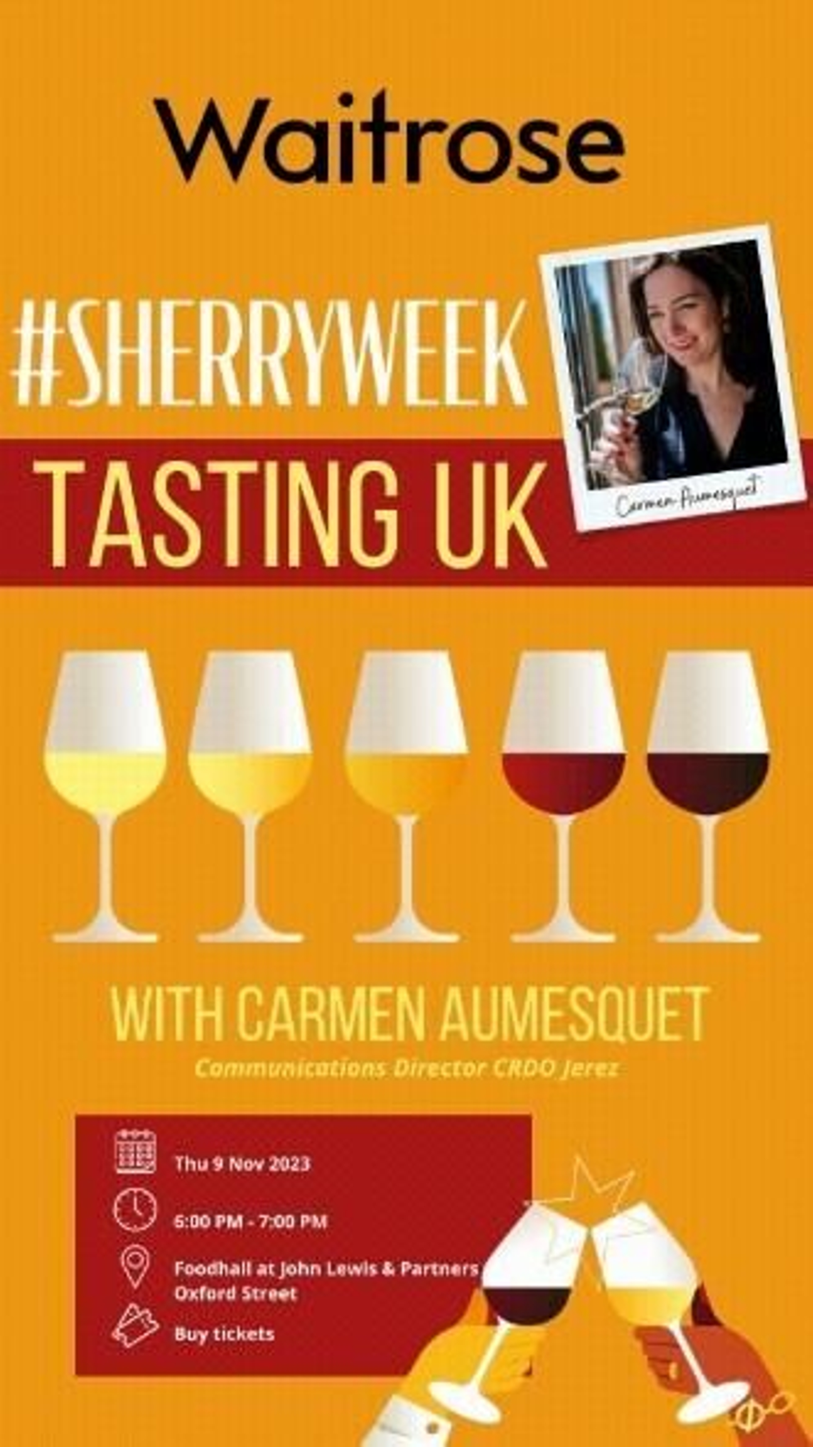 Cartel de las catas dirigidas por Carmen Aumesquet en las tiendas de Waitrose.