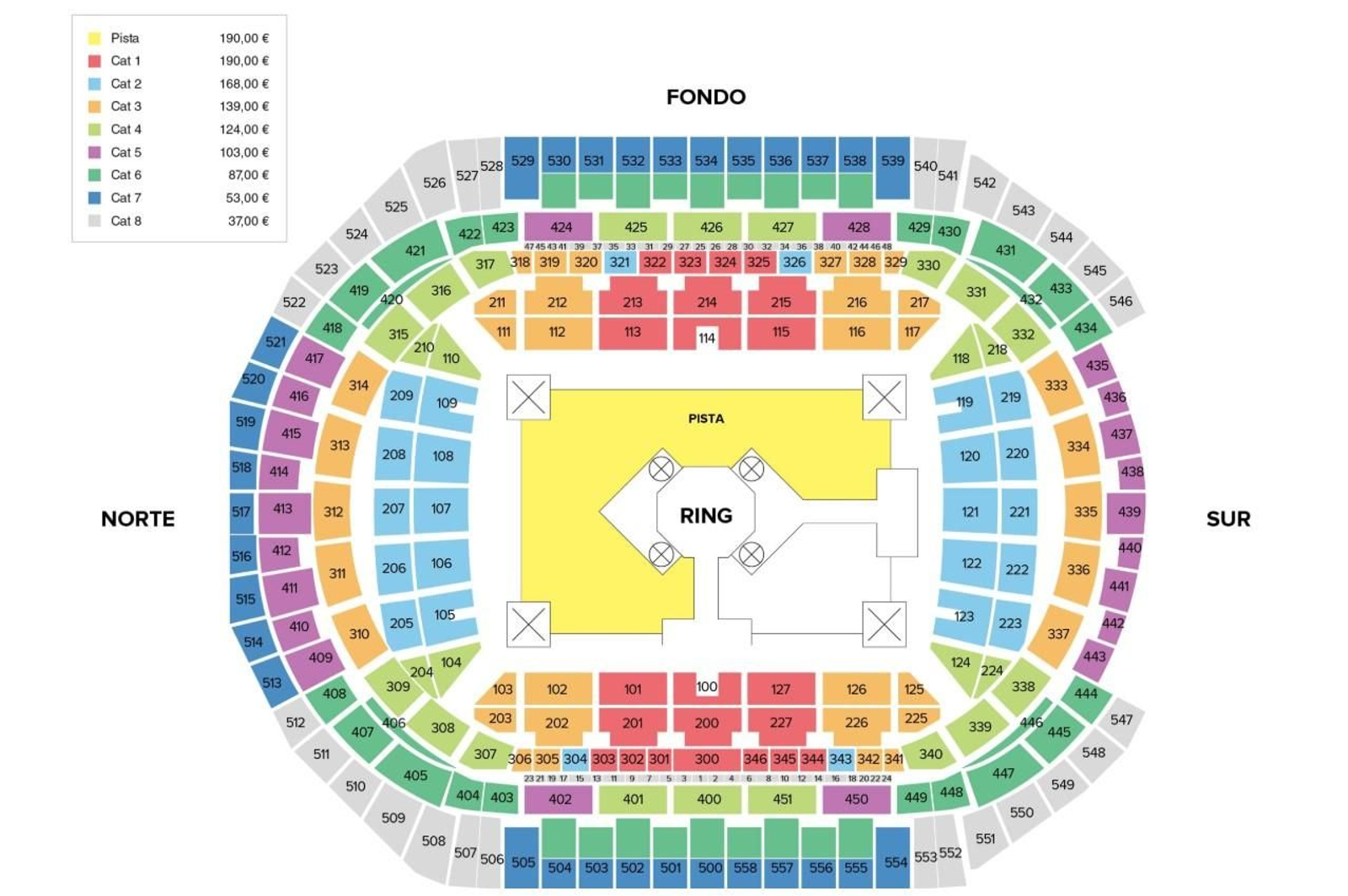 Mapa de precios en el estadio de la Cartuja para la Velada del Año 5