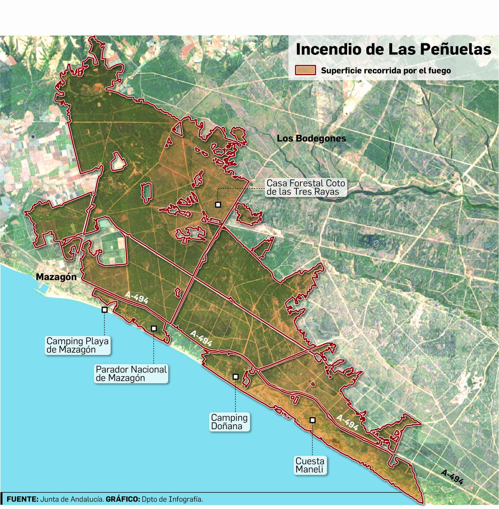 Gráfico sobre la zona afectada por el incendio de Doñana de junio de 2017.
