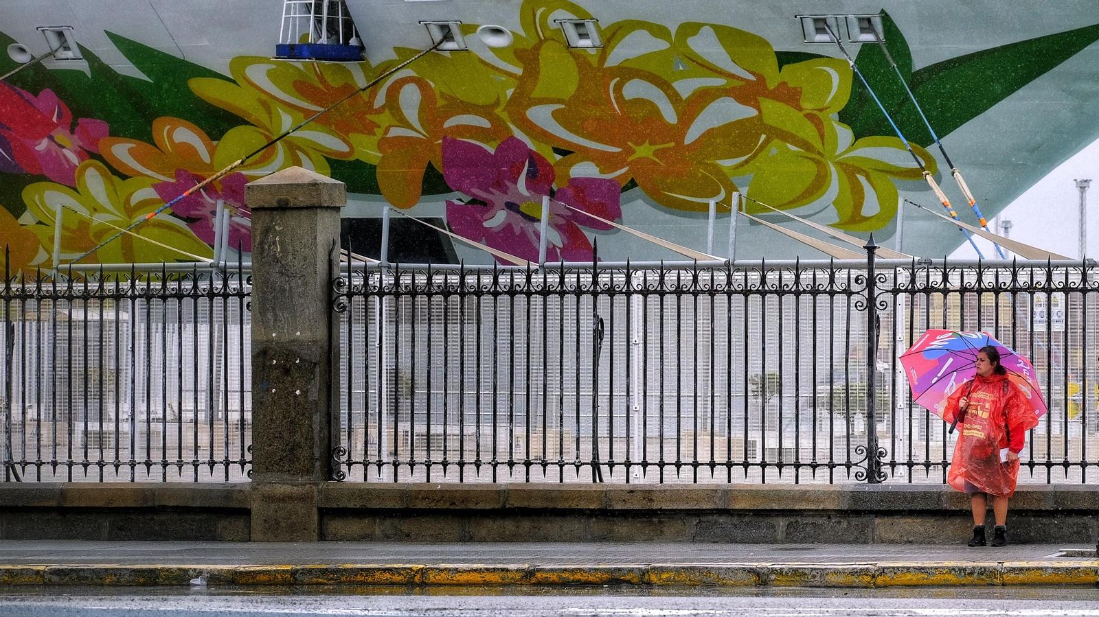 El colorido casco del Norwegian Sky dio un tono colorido al Muelle Ciudad, a pesar de la intensa lluvia