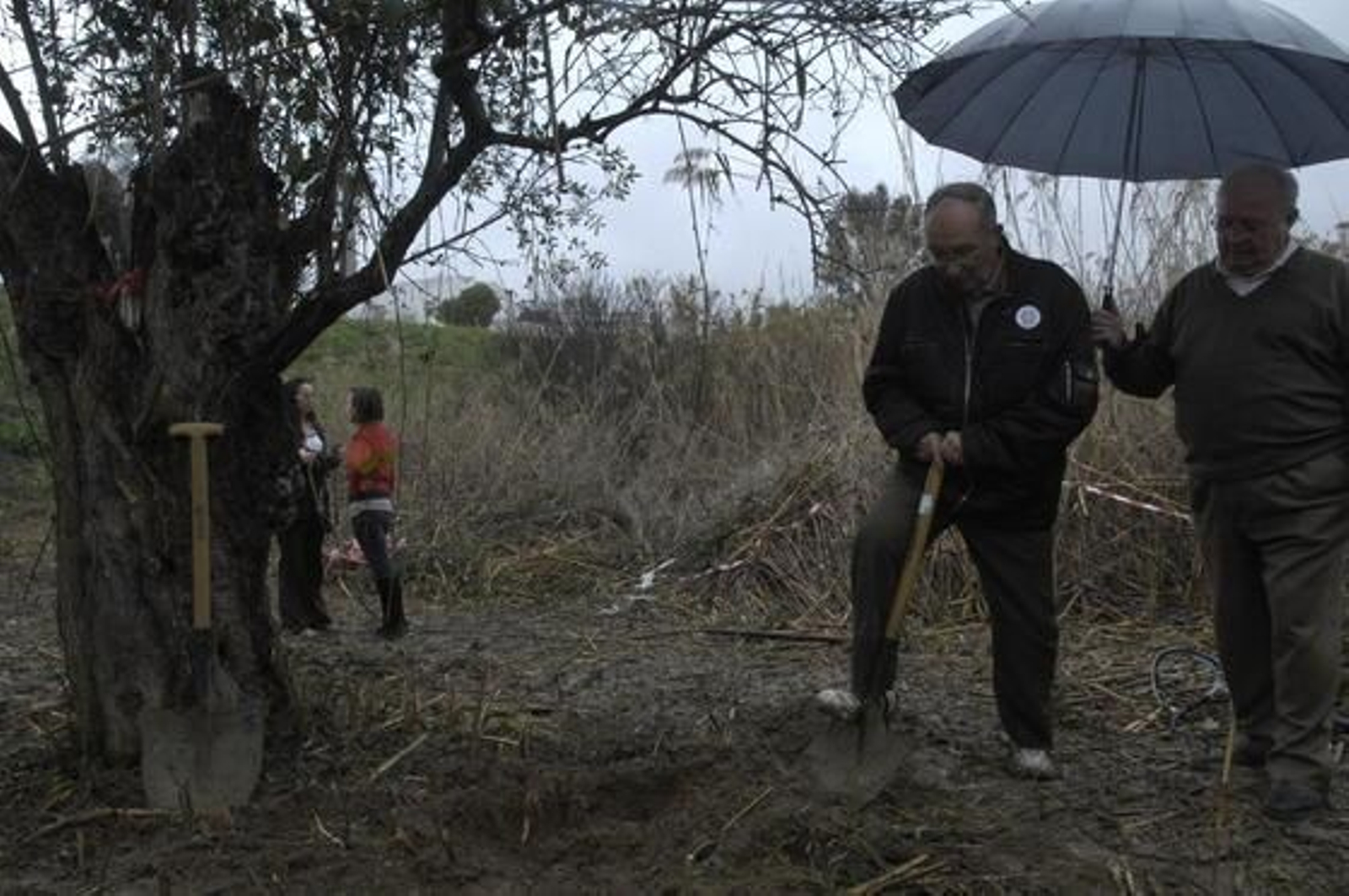 Un hombre protege de la lluvia a José Antonio Casanueva mientras cava.

Foto: Manuel Gómez