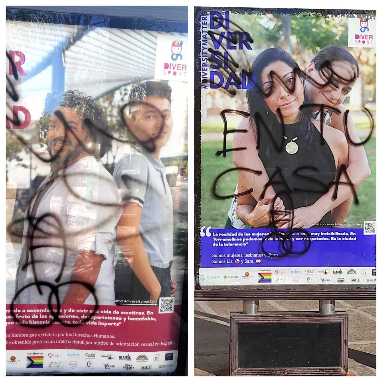 Vista de los mupis afectados por las pintadas homófobas.