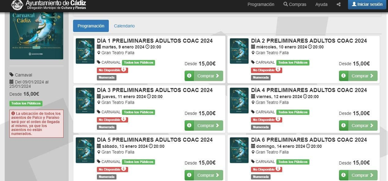 La web de Bacantix, con las entradas para preliminares del COAC 2024 agotadas.