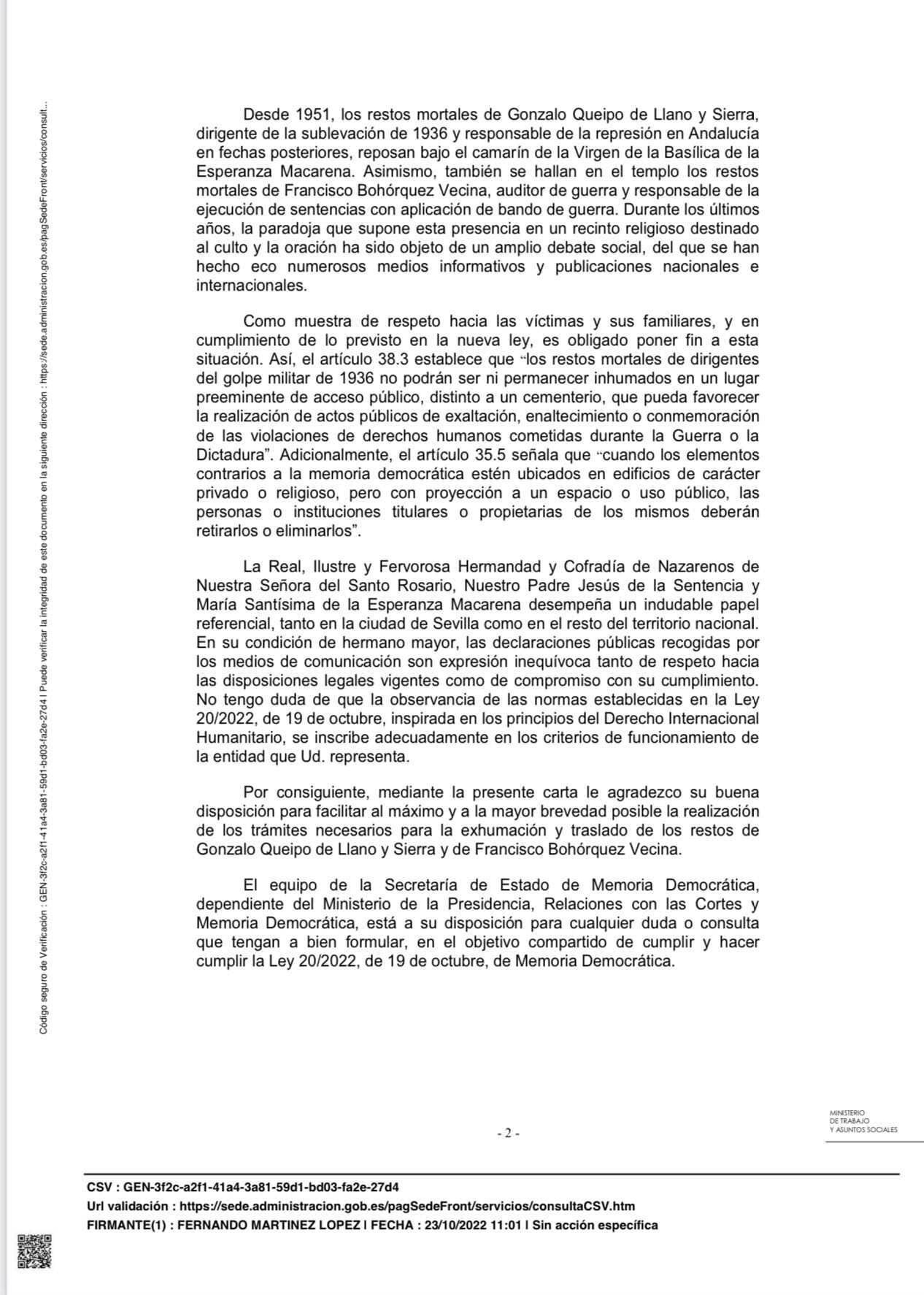 Segunda página de la carta enviada por el Estado.