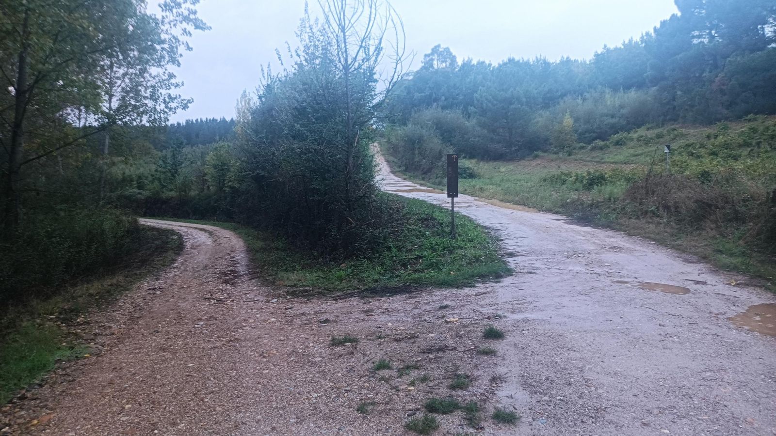 El poste nos indica que debemos ir por el ramal de la derecha. Esta bifurcación está por el kilómetro 4 de la etapa.