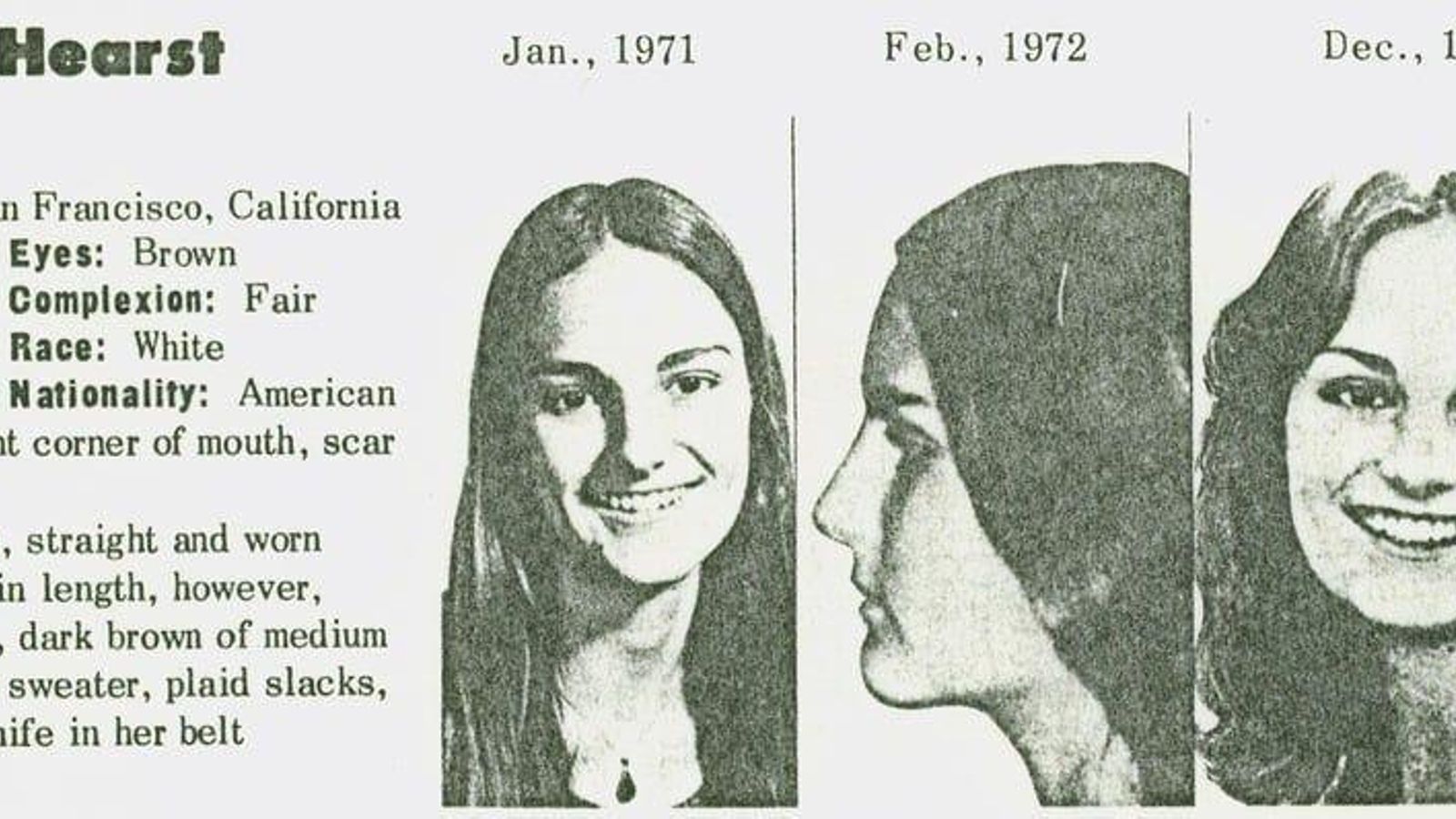 Fotografía divulgada por el FBI donde se muestra una composición de cuatro fotografías de Patricia Campbell Hearst que forma parte de un cartel de 'Se busca' para los miembros del Ejército Simbionés de Liberación.