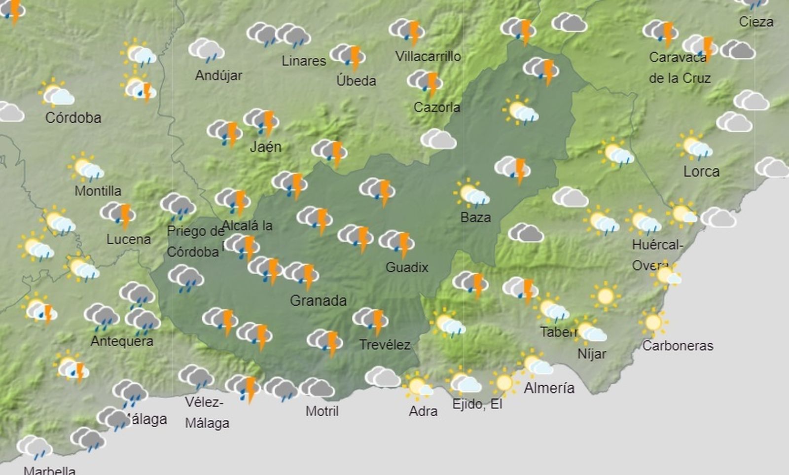 Mapa de previsión meteorológica para este jueves en la provincia de Granada