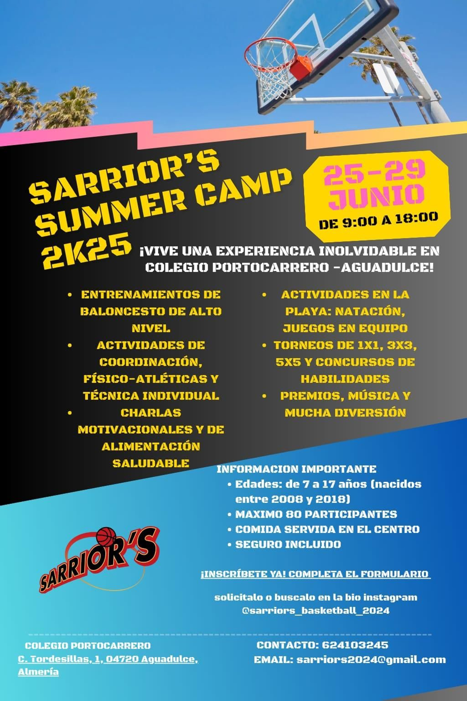 Cartel del Campus de Verano Sarrior's que tendrá lugar del 25 al 29 de junio en la localidad almeriense de Aguadulce.
