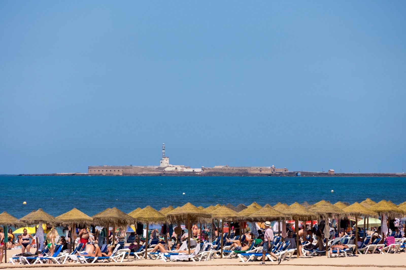 Tumbonas llenas en una playa de Cádiz.