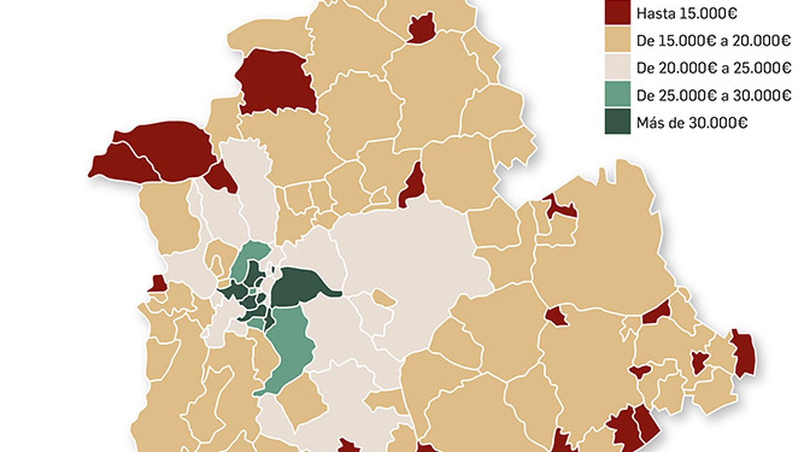 Mapa de municipios en función de su renta bruta media anual. Fuente: Agencia Tributaria.