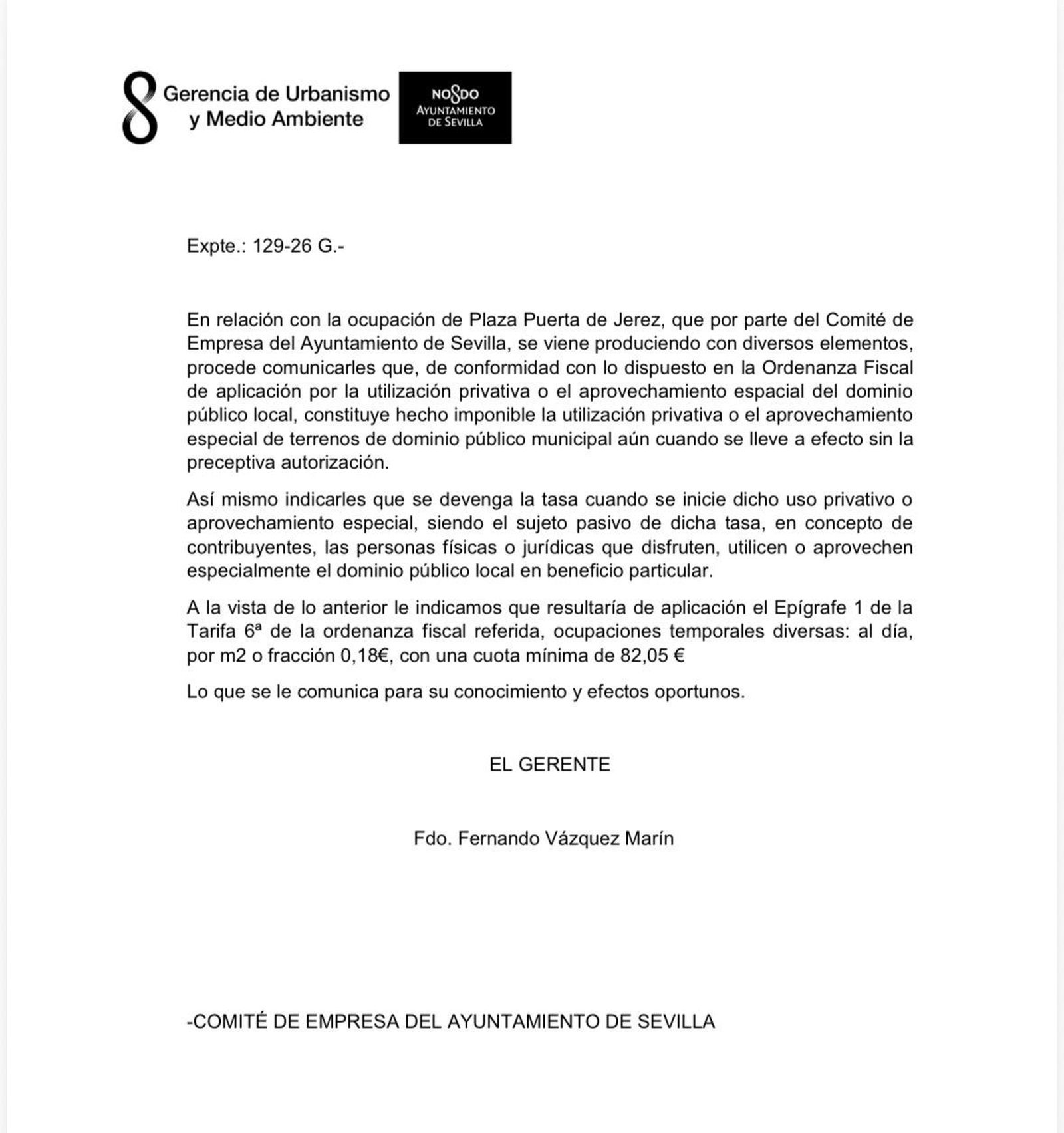 Escrito de Urbanismo enviado al comité de empresa municipal.