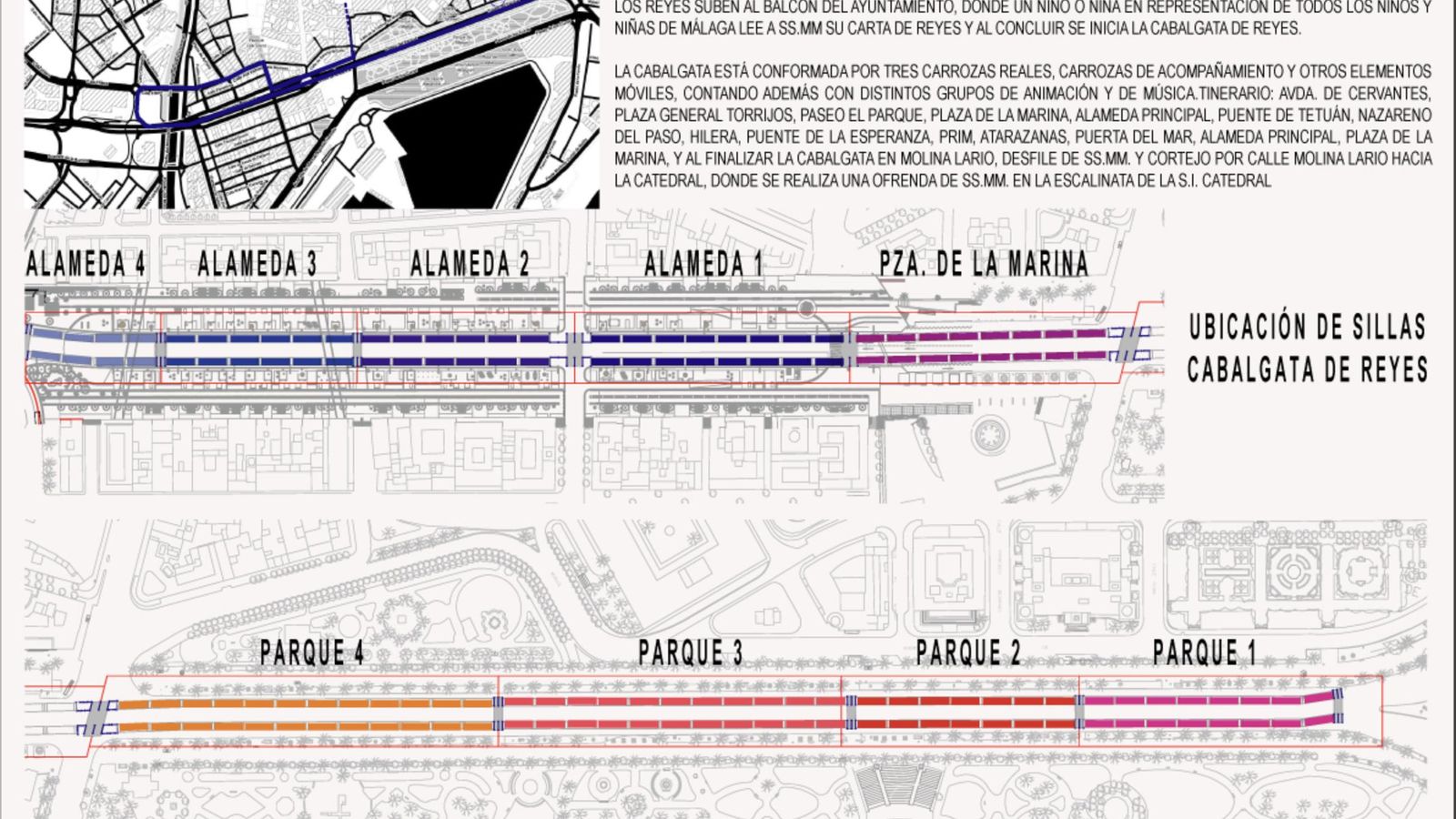 Mapa con la ubicación de las sillas para ver la Cabalgata de los Reyes Magos en Málaga.