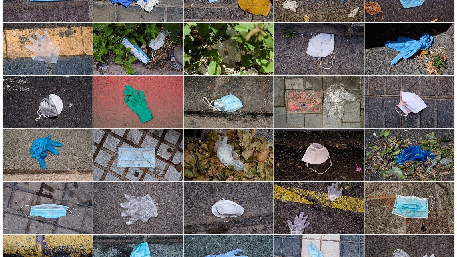 Mascarillas y guantes tirados en el suelo.