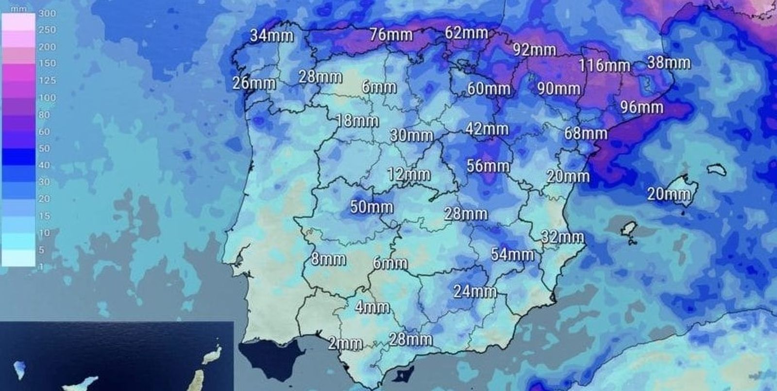 Previsión de precipitaciones acumuludas hasta el lunes en varias zonas de la Penísula