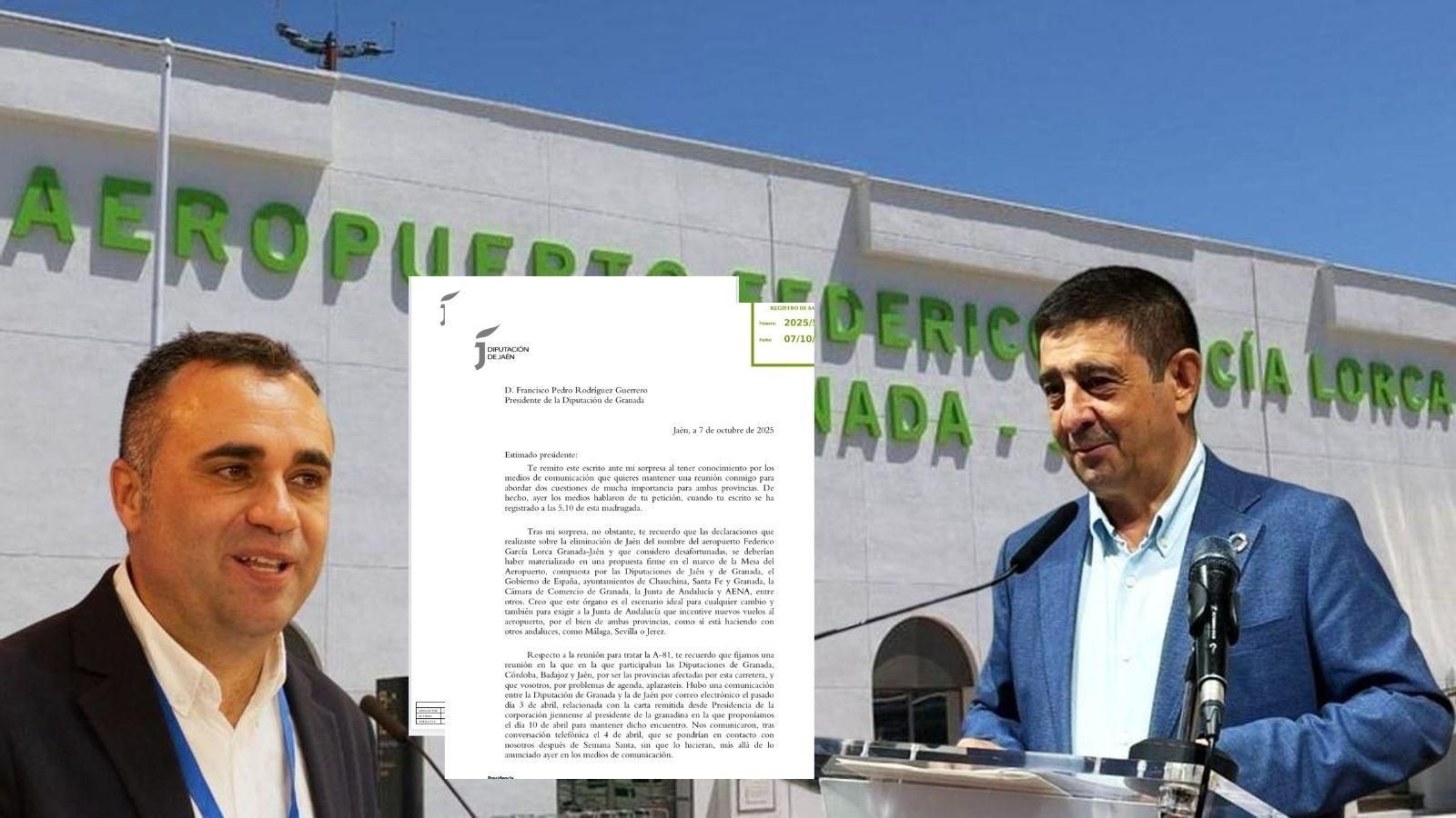 Ambos presidentes con el aeropuerto Granada - Jaén de fondo y la carta enviada por Francisco Reyes.