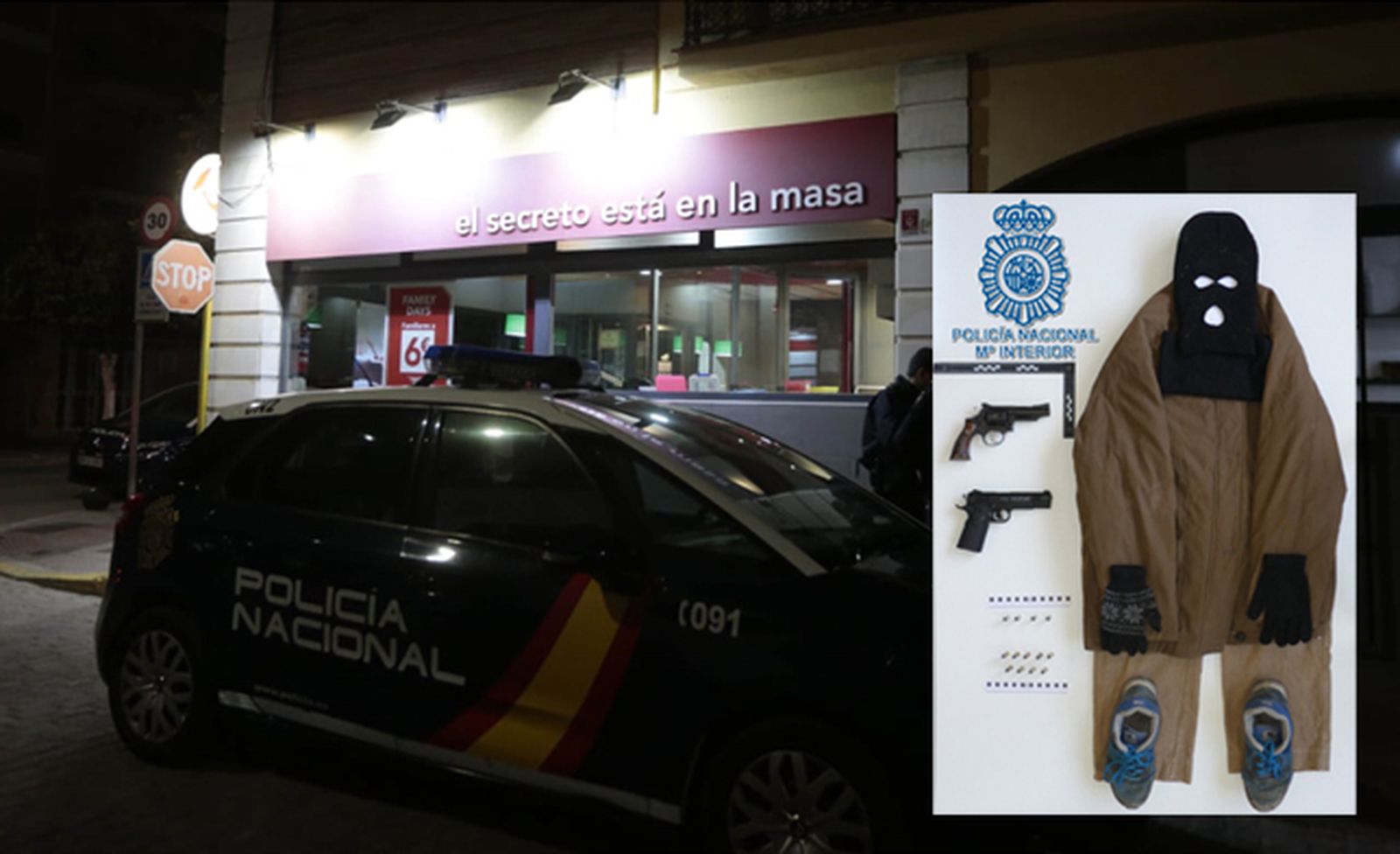 Montaje de la pizzería en la que sucedió el atraco, con las pistolas y el equipo usado por el asaltante